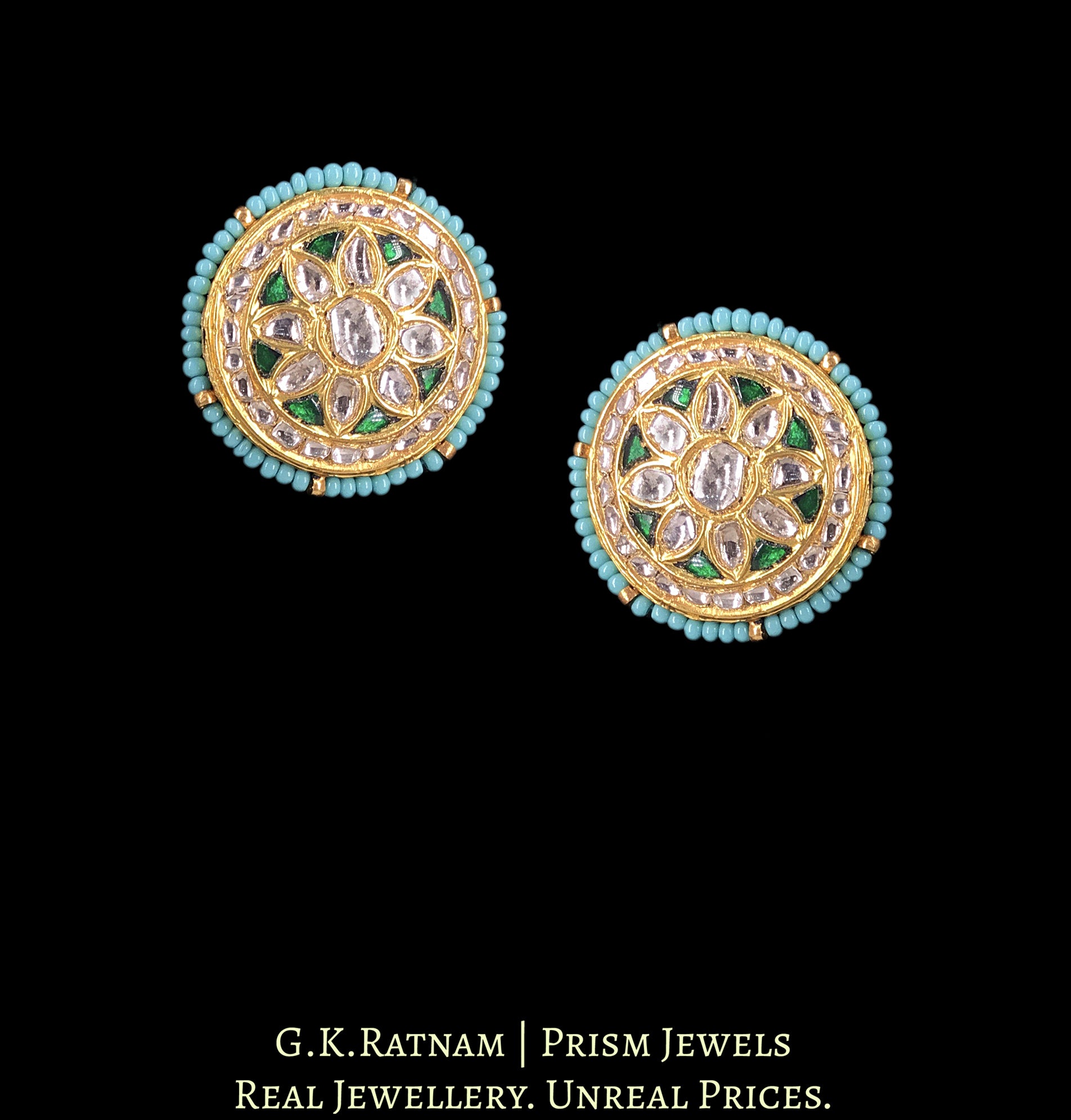 23k Gold and Diamond Polki Karnfool Earring Pair with Phiroza Chid