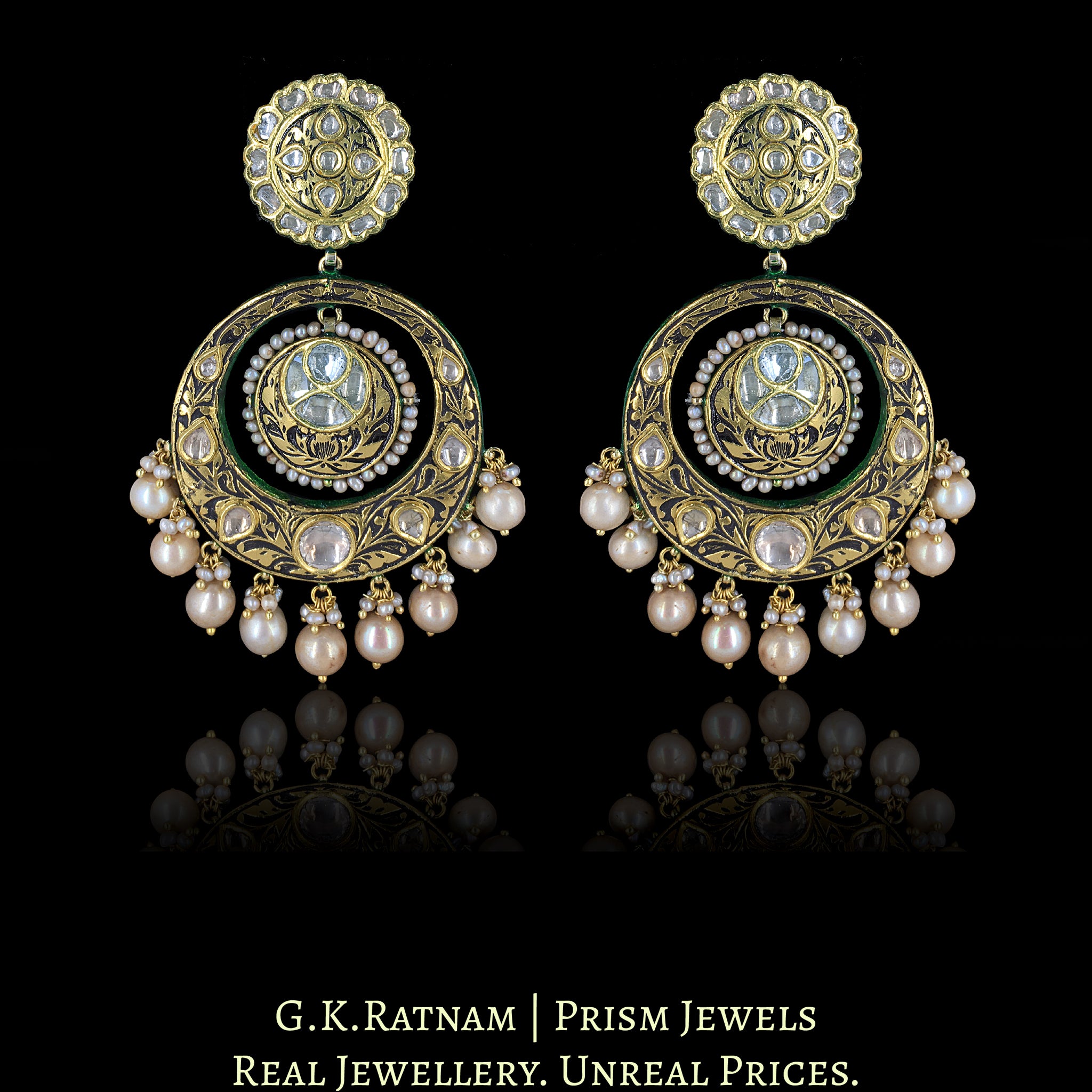 23k Gold and Diamond Polki antique-finish Chand Bali Earring Pair