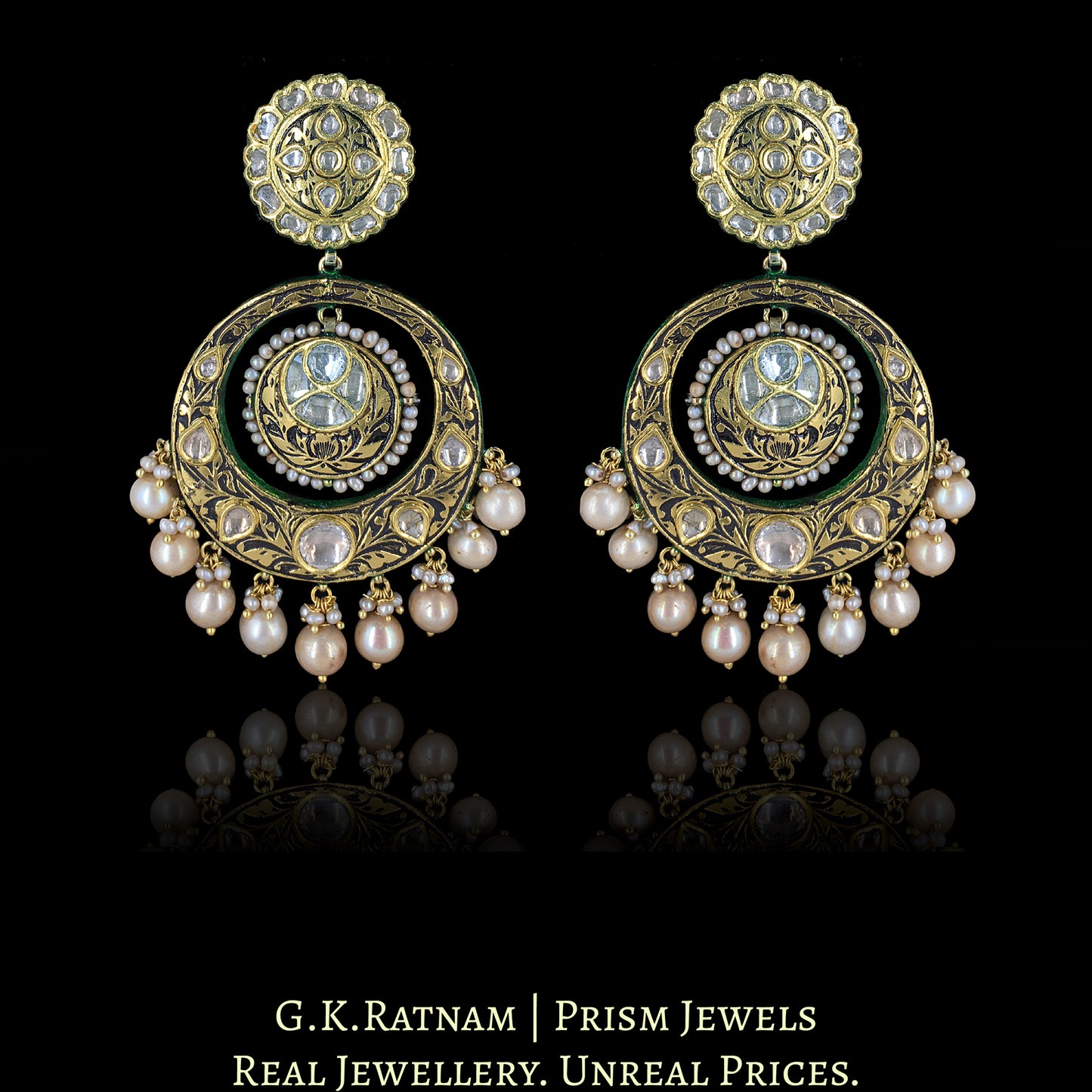 23k Gold and Diamond Polki antique-finish Chand Bali Earring Pair - G. K. Ratnam