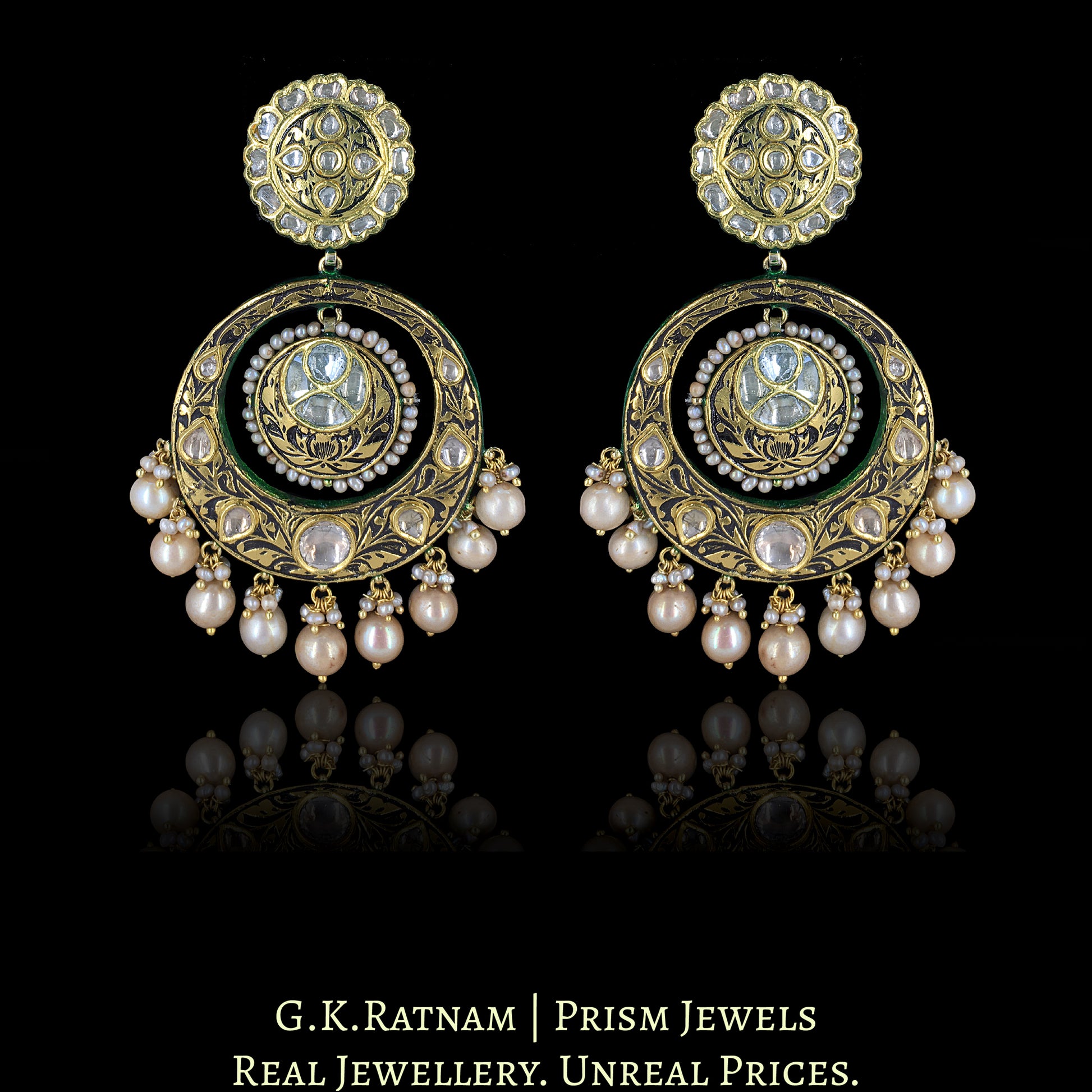 23k Gold and Diamond Polki antique-finish Chand Bali Earring Pair - G. K. Ratnam