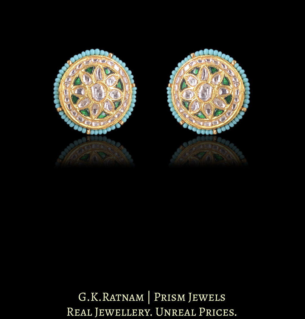 23k Gold and Diamond Polki Karnfool Earring Pair with Phiroza Chid