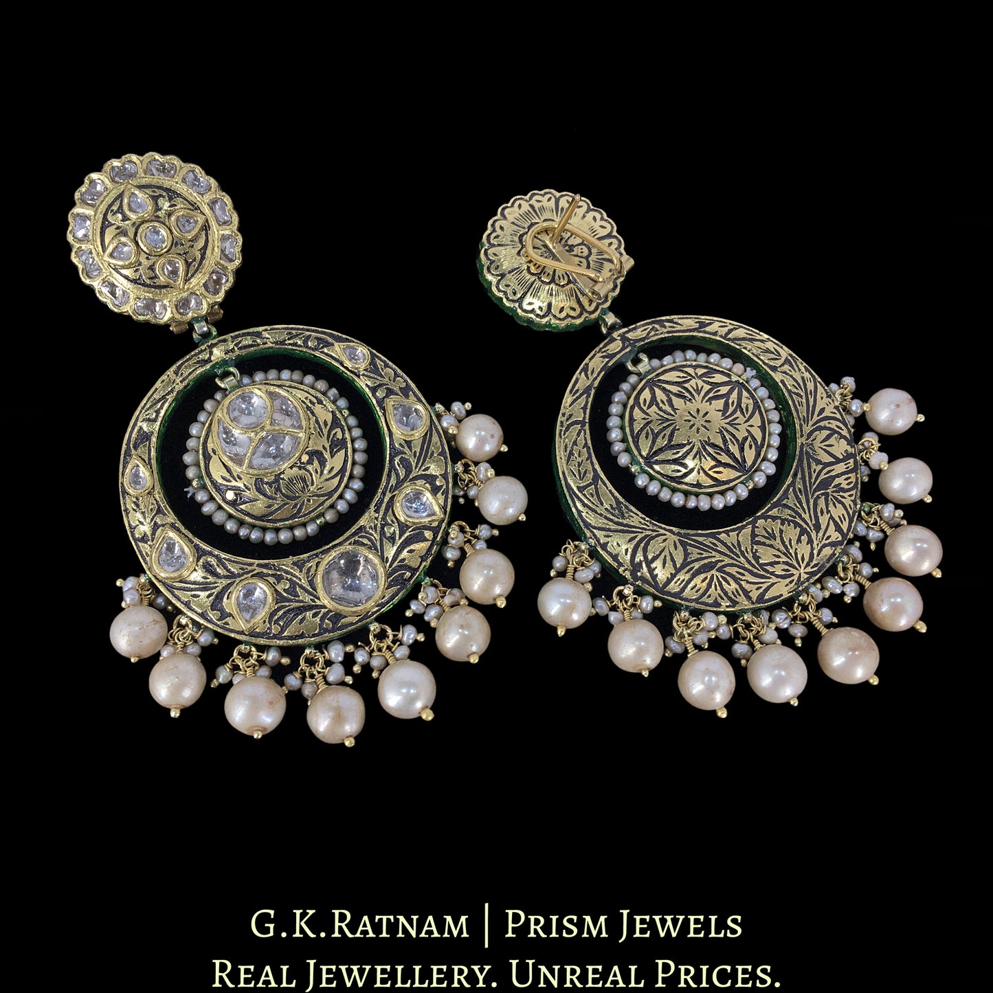 23k Gold and Diamond Polki antique-finish Chand Bali Earring Pair - G. K. Ratnam
