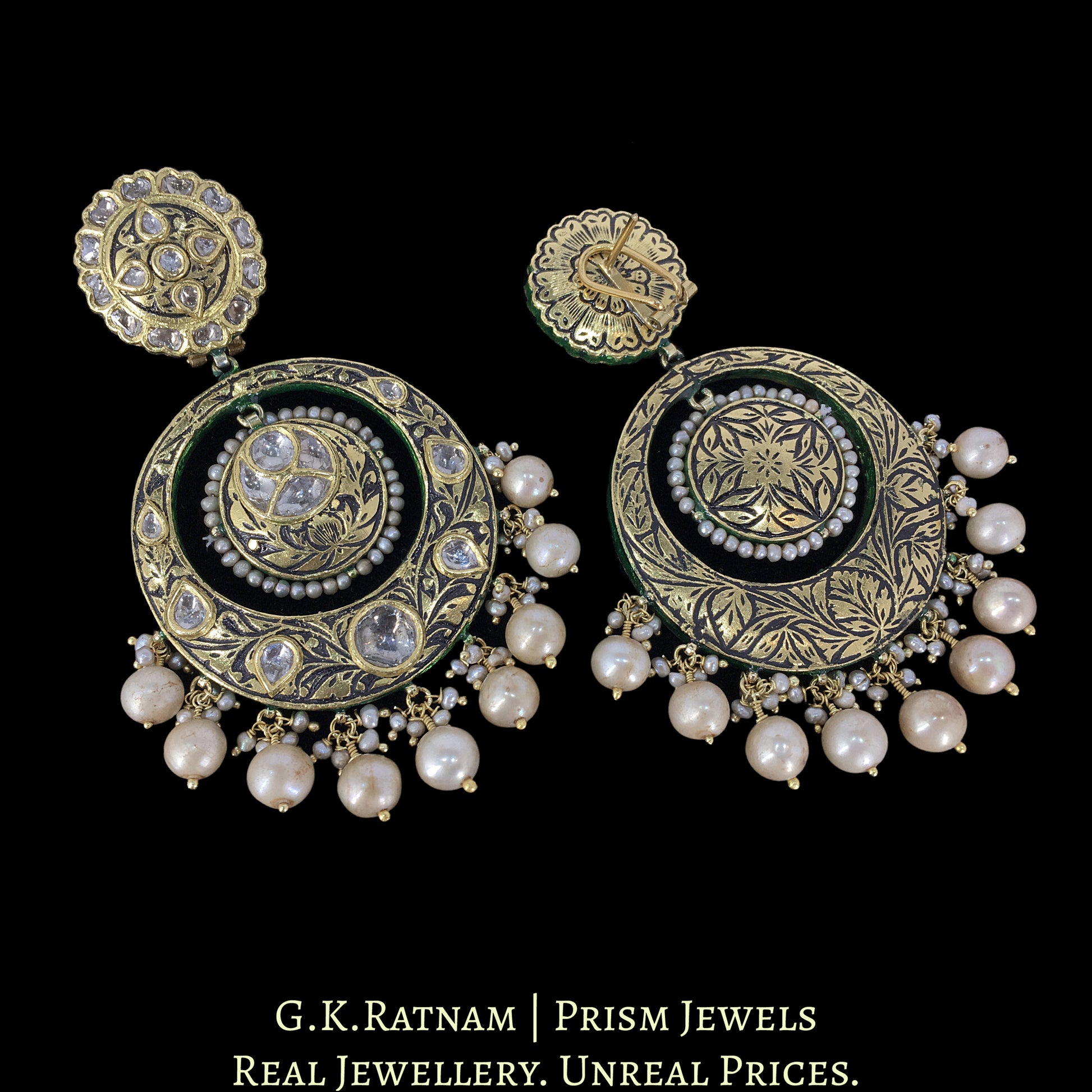 23k Gold and Diamond Polki antique-finish Chand Bali Earring Pair - G. K. Ratnam