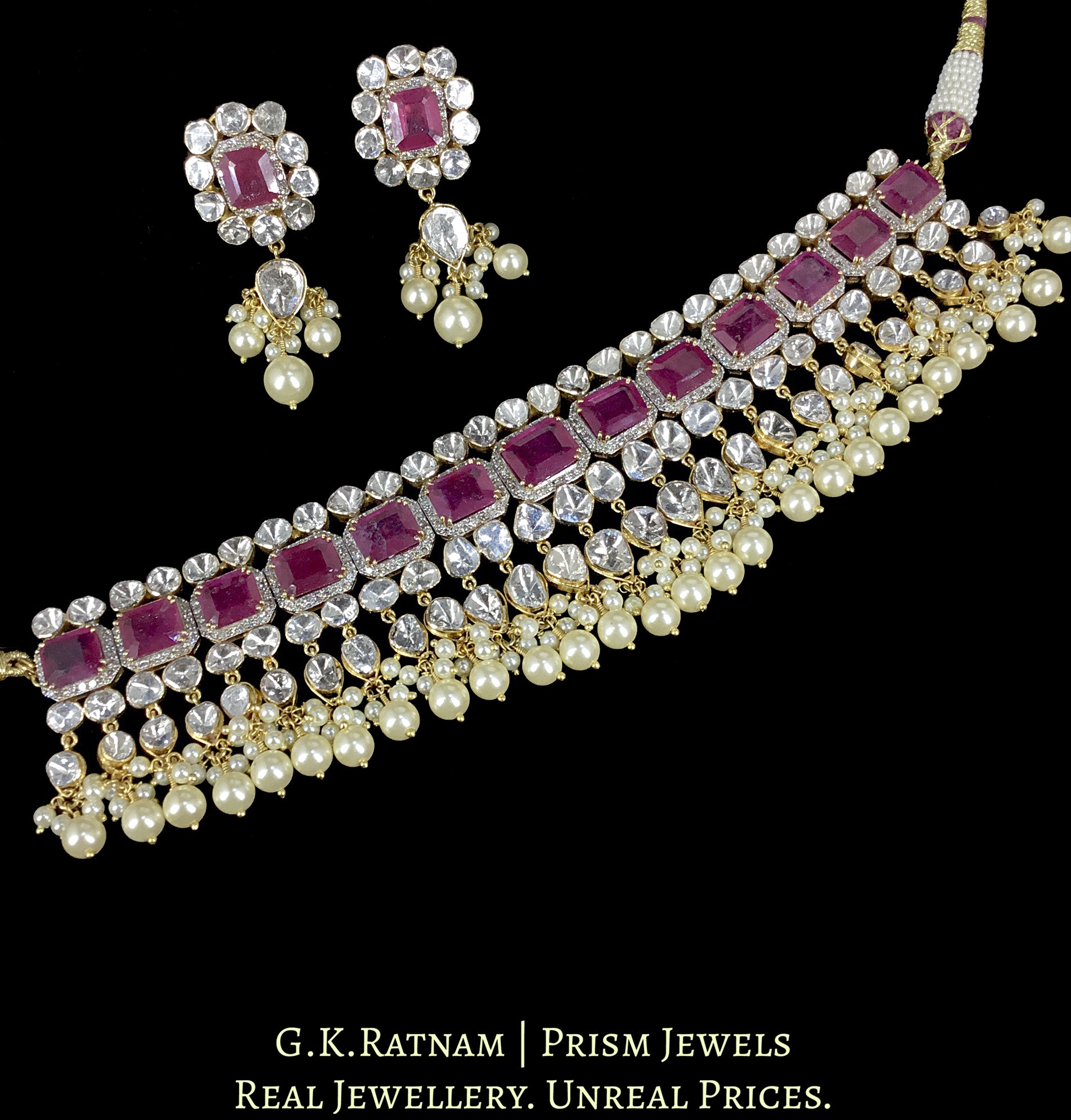 14k Gold And Diamond Polki Open Setting Choker Necklace Set with faceted Rubies - G. K. Ratnam