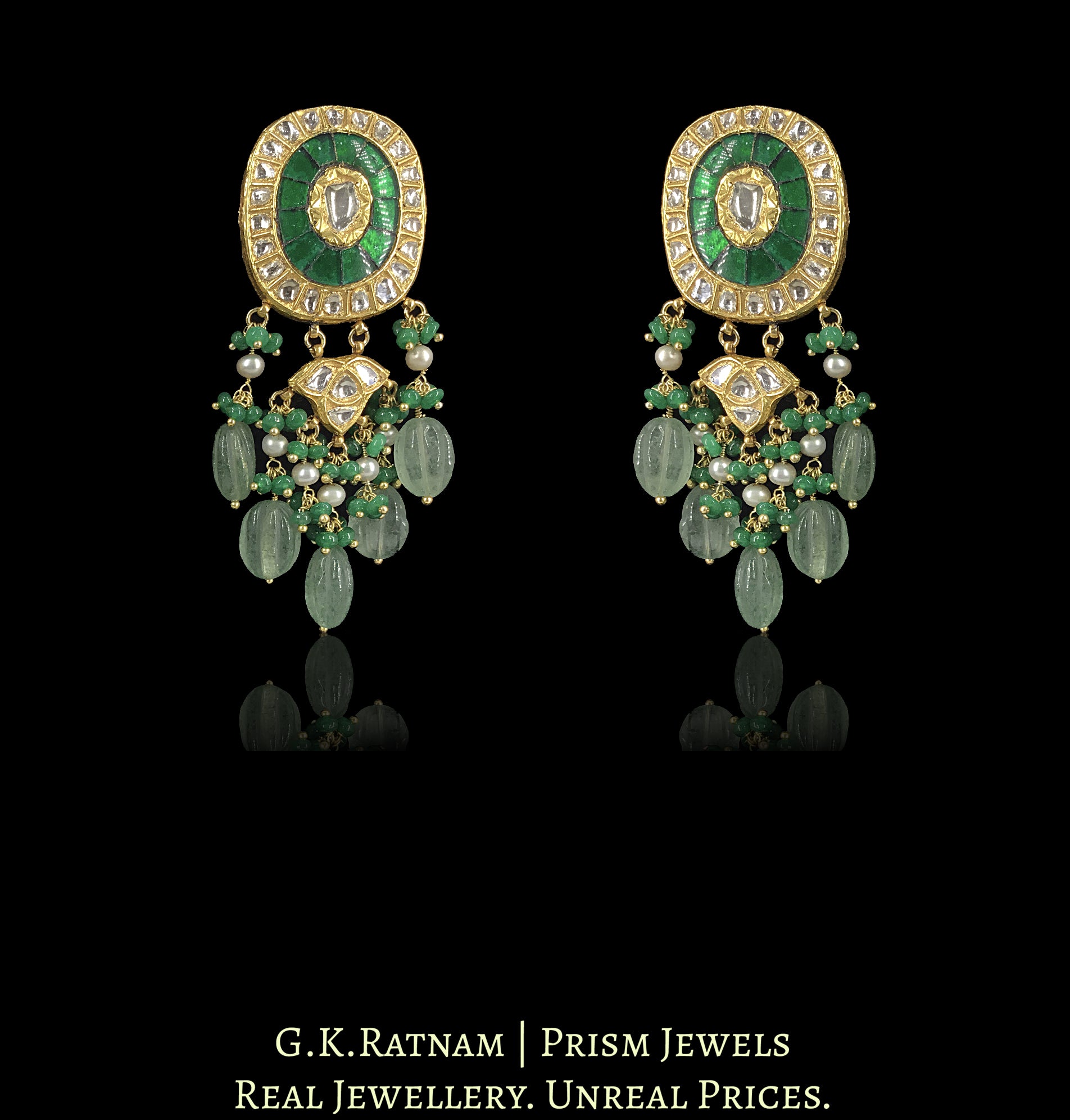 23k Gold and Diamond Polki Long Earring Pair with hand-carved Strawberry Quartz Melons