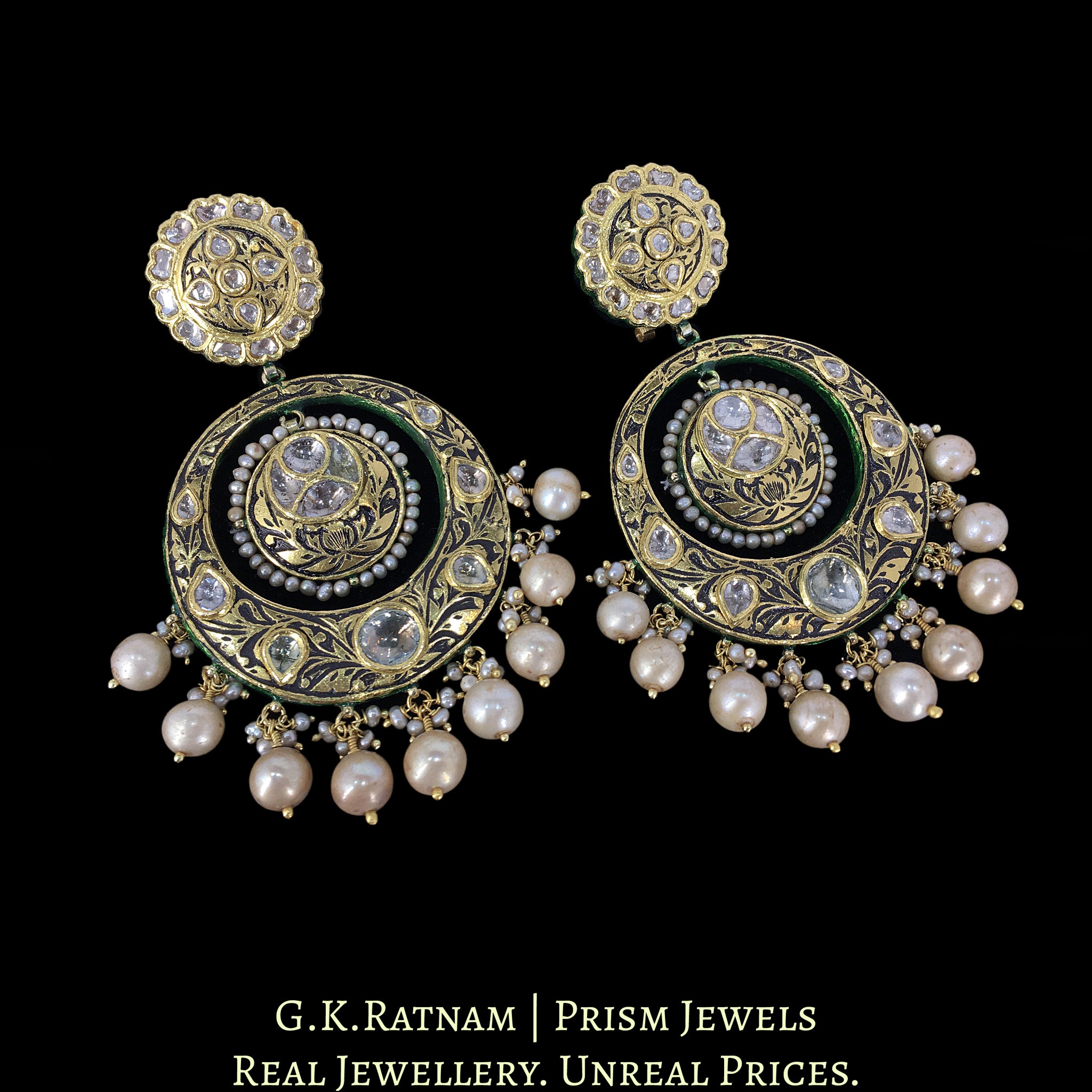 23k Gold and Diamond Polki antique-finish Chand Bali Earring Pair