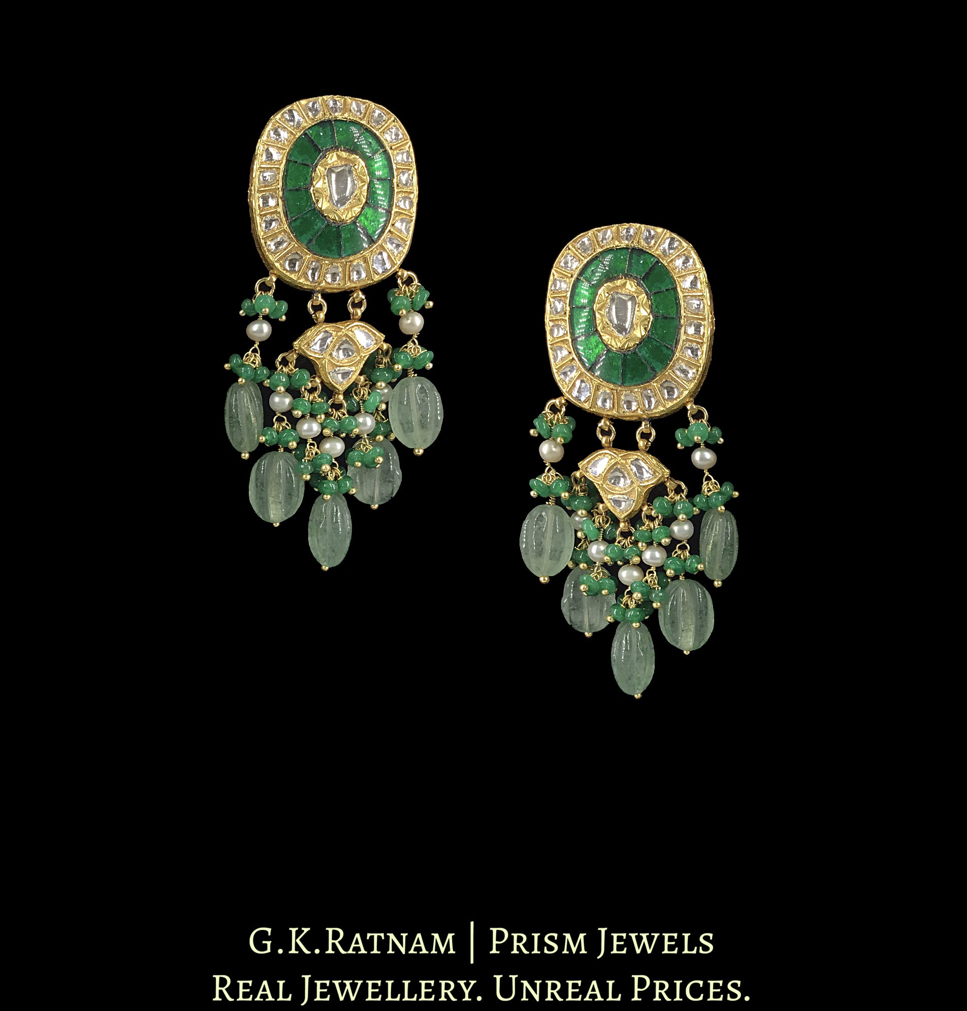 23k Gold and Diamond Polki Long Earring Pair with hand-carved Strawberry Quartz Melons