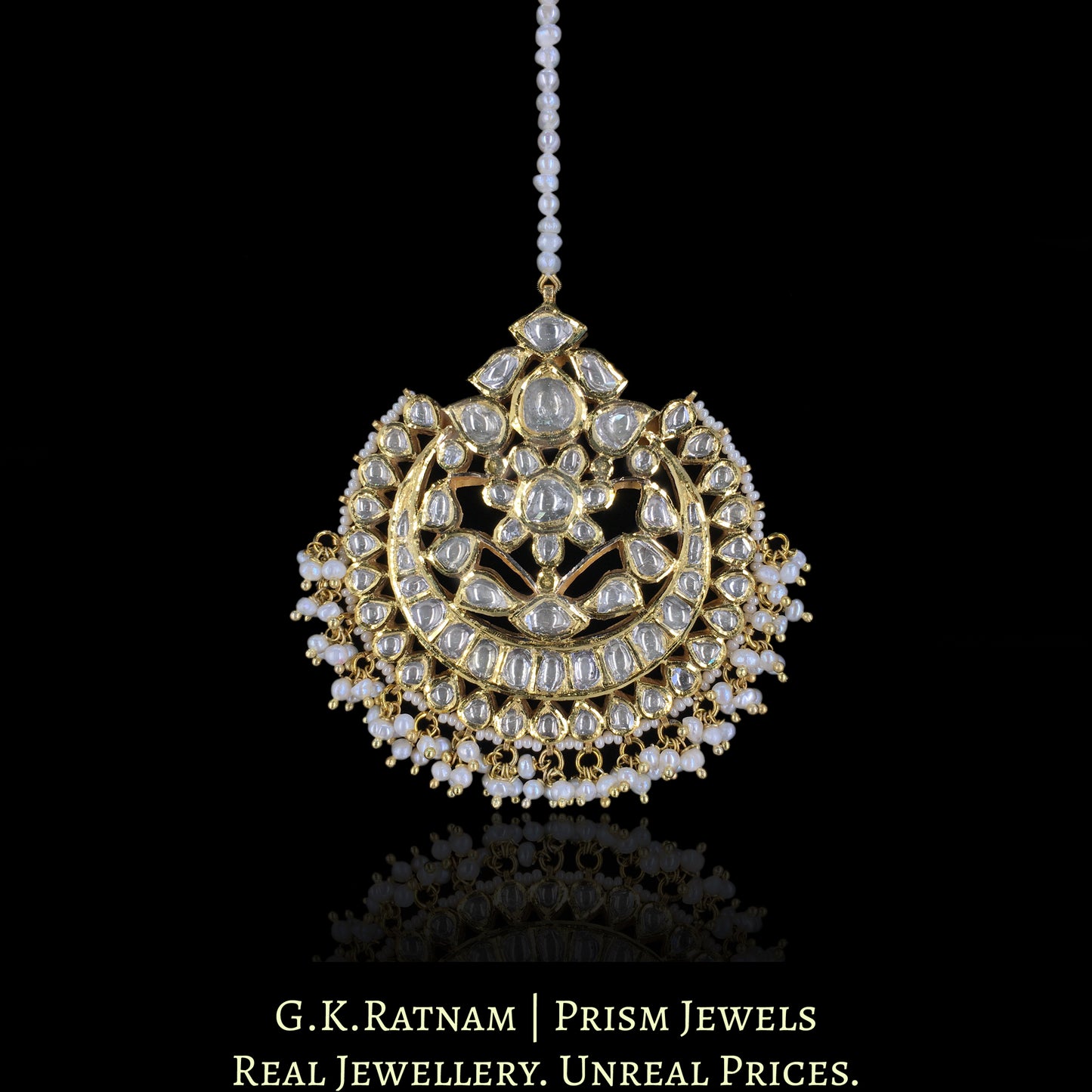 18k Gold and Diamond Polki Maang Tika with Natural Freshwater Pearls