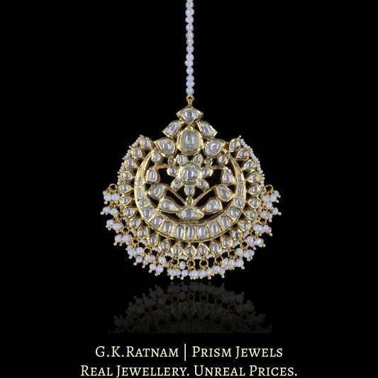 18k Gold and Diamond Polki Maang Tika with Natural Freshwater Pearls