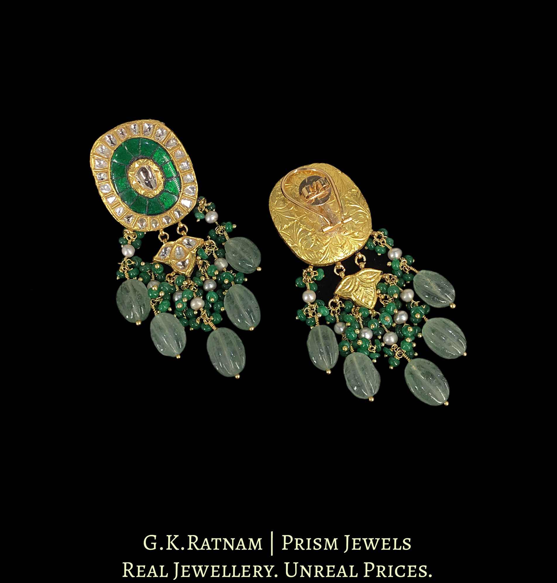 23k Gold and Diamond Polki Long Earring Pair with hand-carved Strawberry Quartz Melons