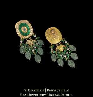 23k Gold and Diamond Polki Long Earring Pair with hand-carved Strawberry Quartz Melons