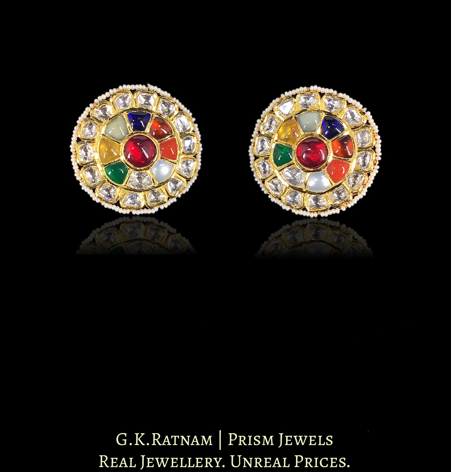 18k Gold And Diamond Polki Navratna Karanphool Earring Pair
