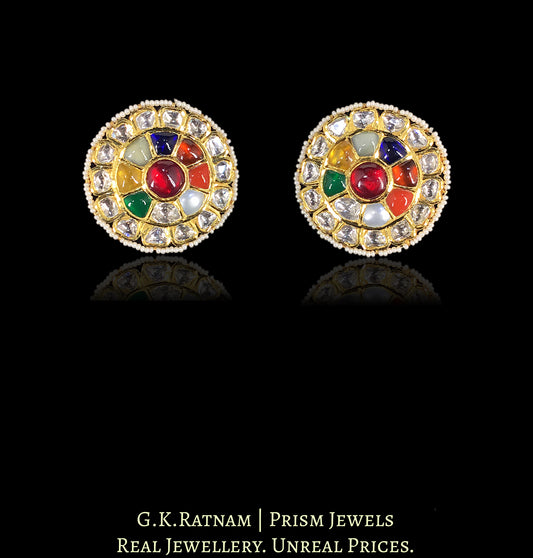 18k Gold And Diamond Polki Navratna Karanphool Earring Pair