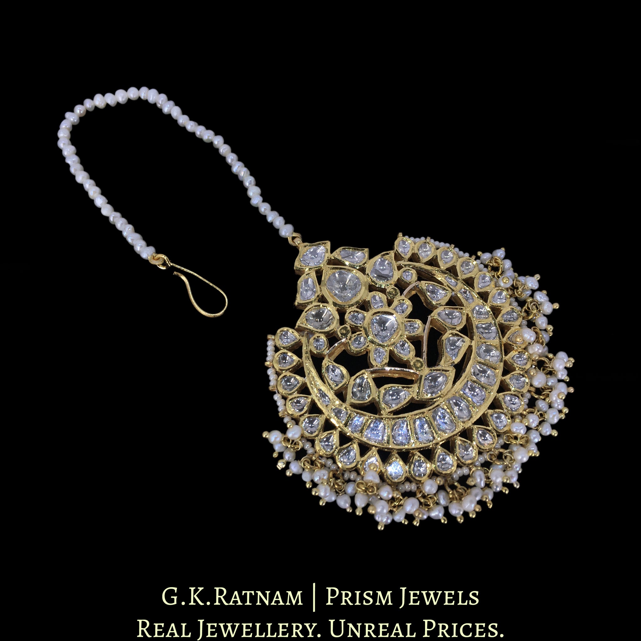 18k Gold and Diamond Polki Maang Tika with Natural Freshwater Pearls