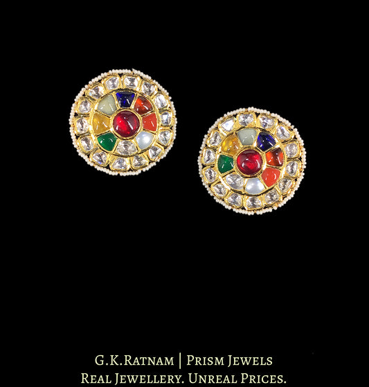 18k Gold And Diamond Polki Navratna Karanphool Earring Pair