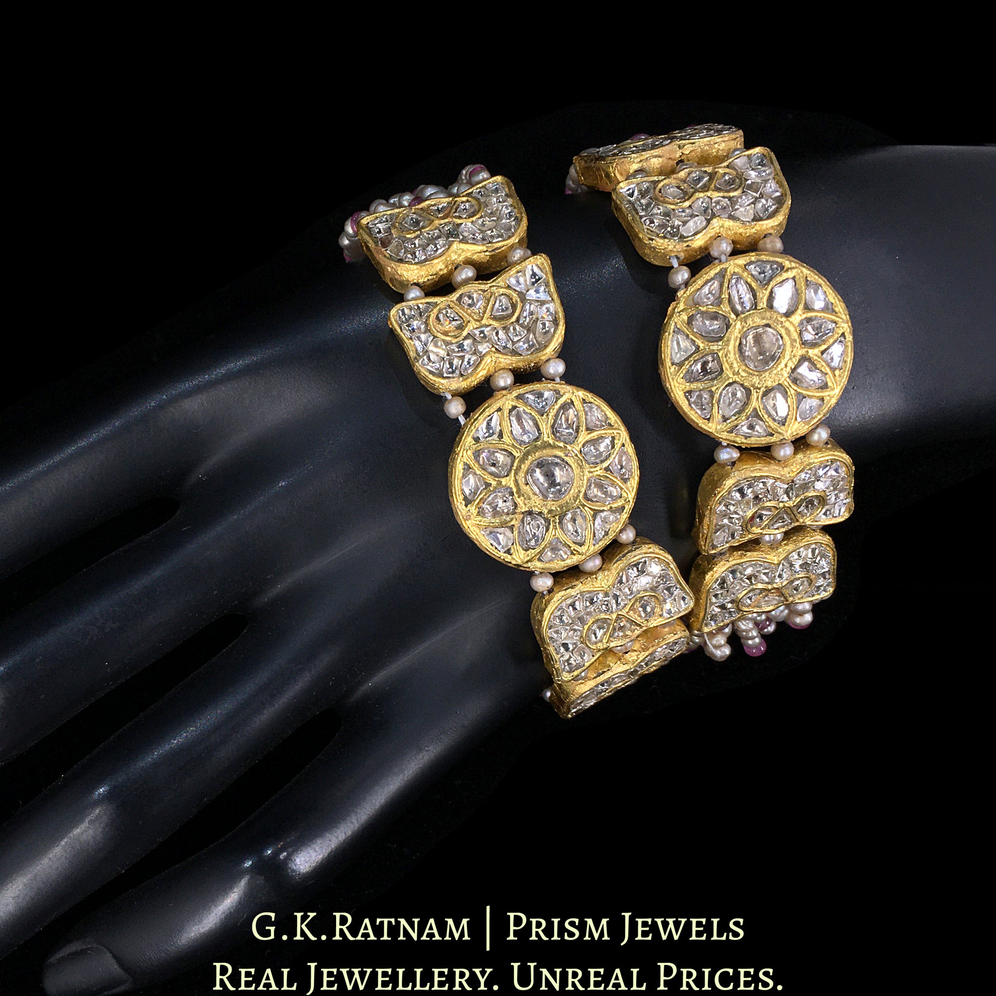 23k Gold and Diamond Polki Bracelet Pair strung with Antiqued Hyderabadi Pearls