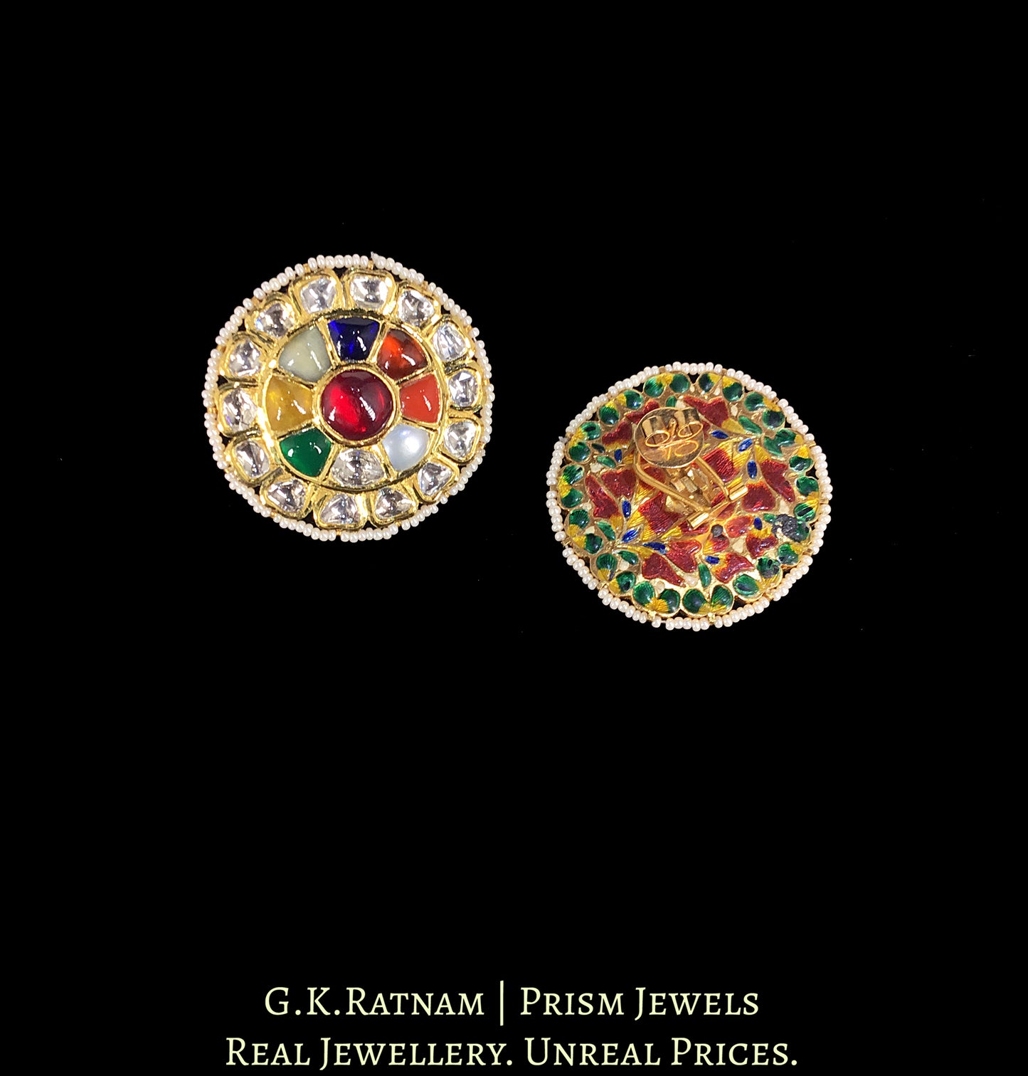 18k Gold And Diamond Polki Navratna Karanphool Earring Pair