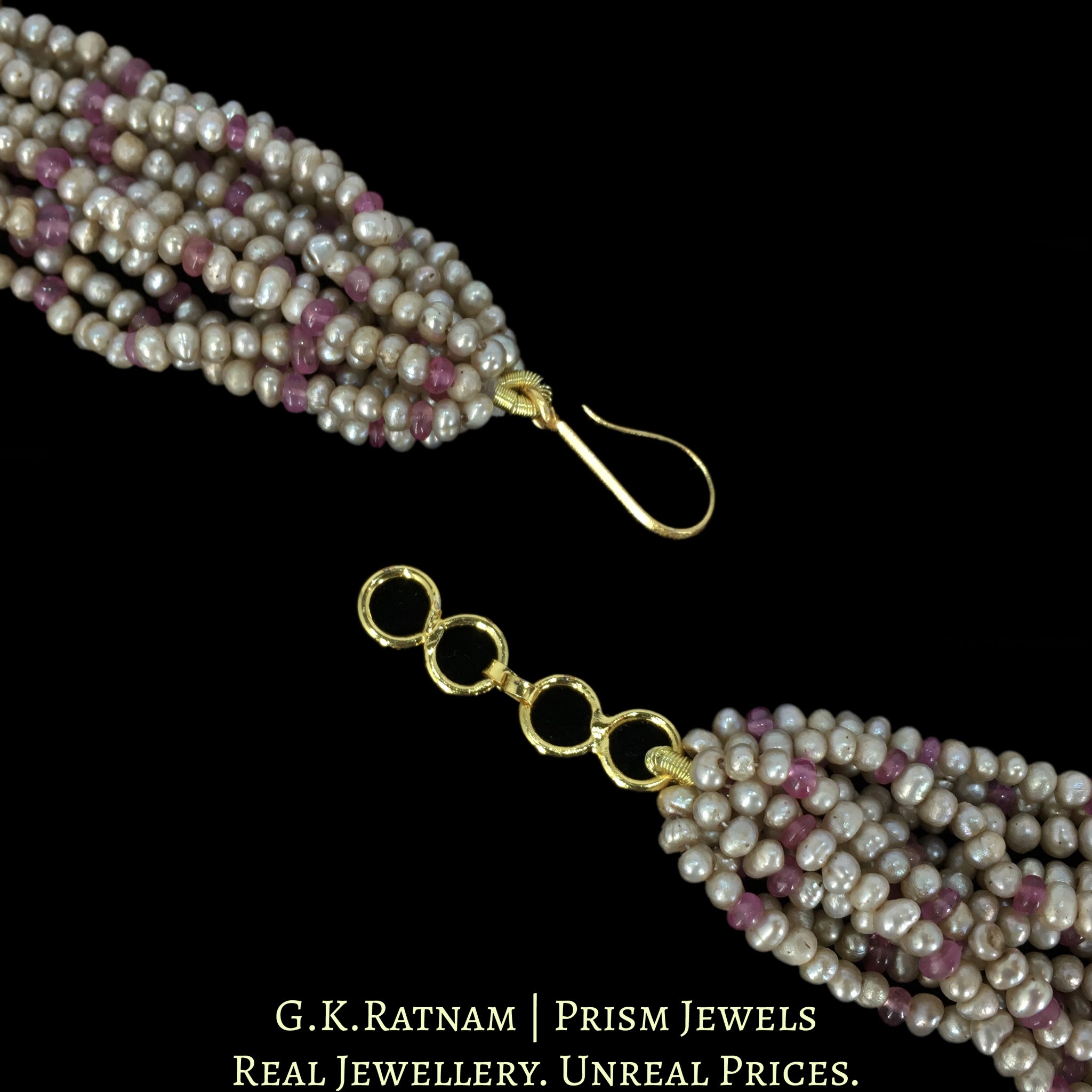 23k Gold and Diamond Polki Bracelet Pair strung with Antiqued Hyderabadi Pearls