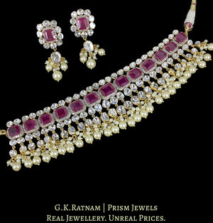 14k Gold And Diamond Polki Open Setting Choker Necklace Set with faceted Rubies