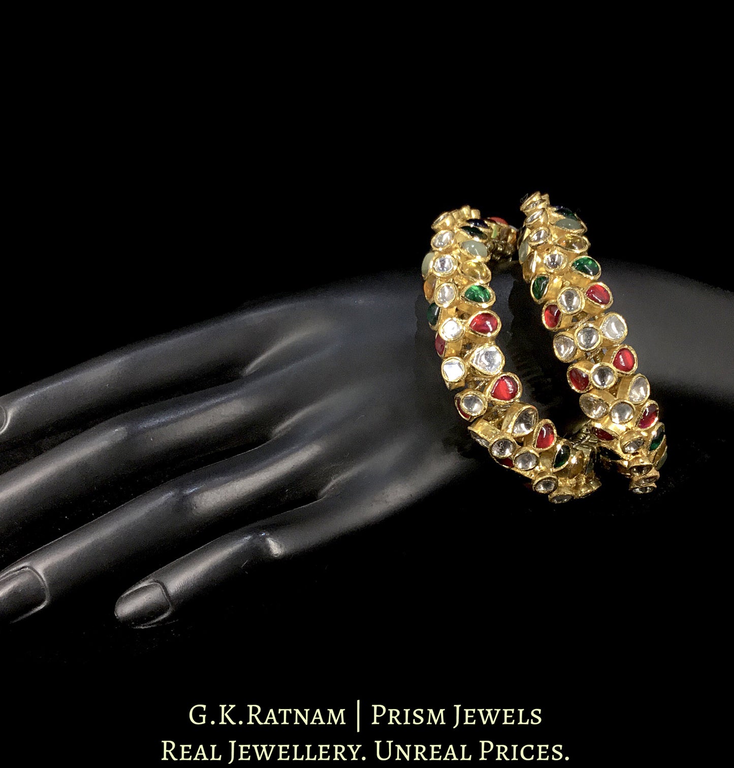 18k Gold and Diamond Polki Navratna Flexible Bracelet Pair (Paunchi / Ponchi)