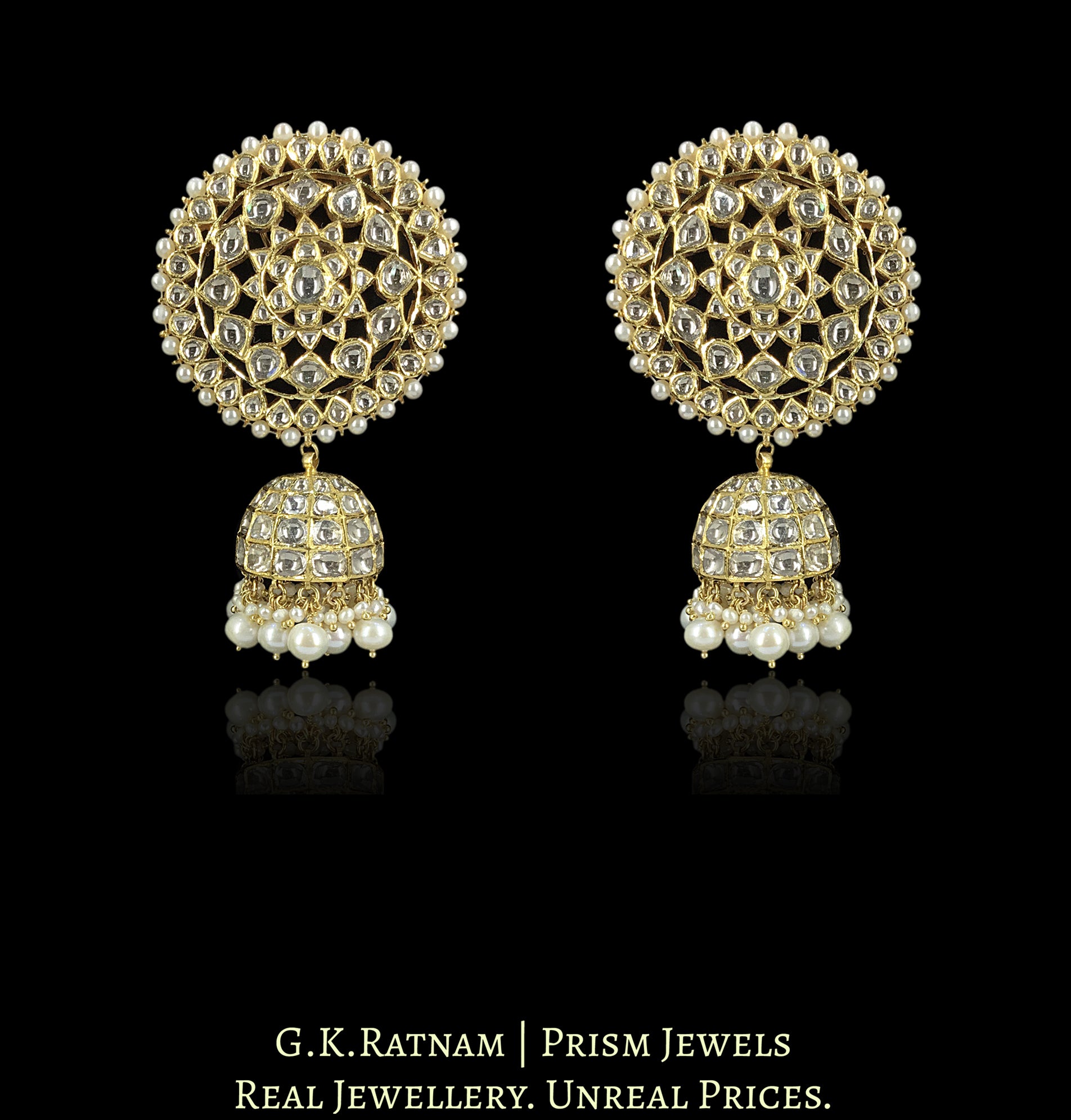 18k Gold and Diamond Polki pear-motifs Choker Necklace Set with Natural Freshwater Pearls - G. K. Ratnam