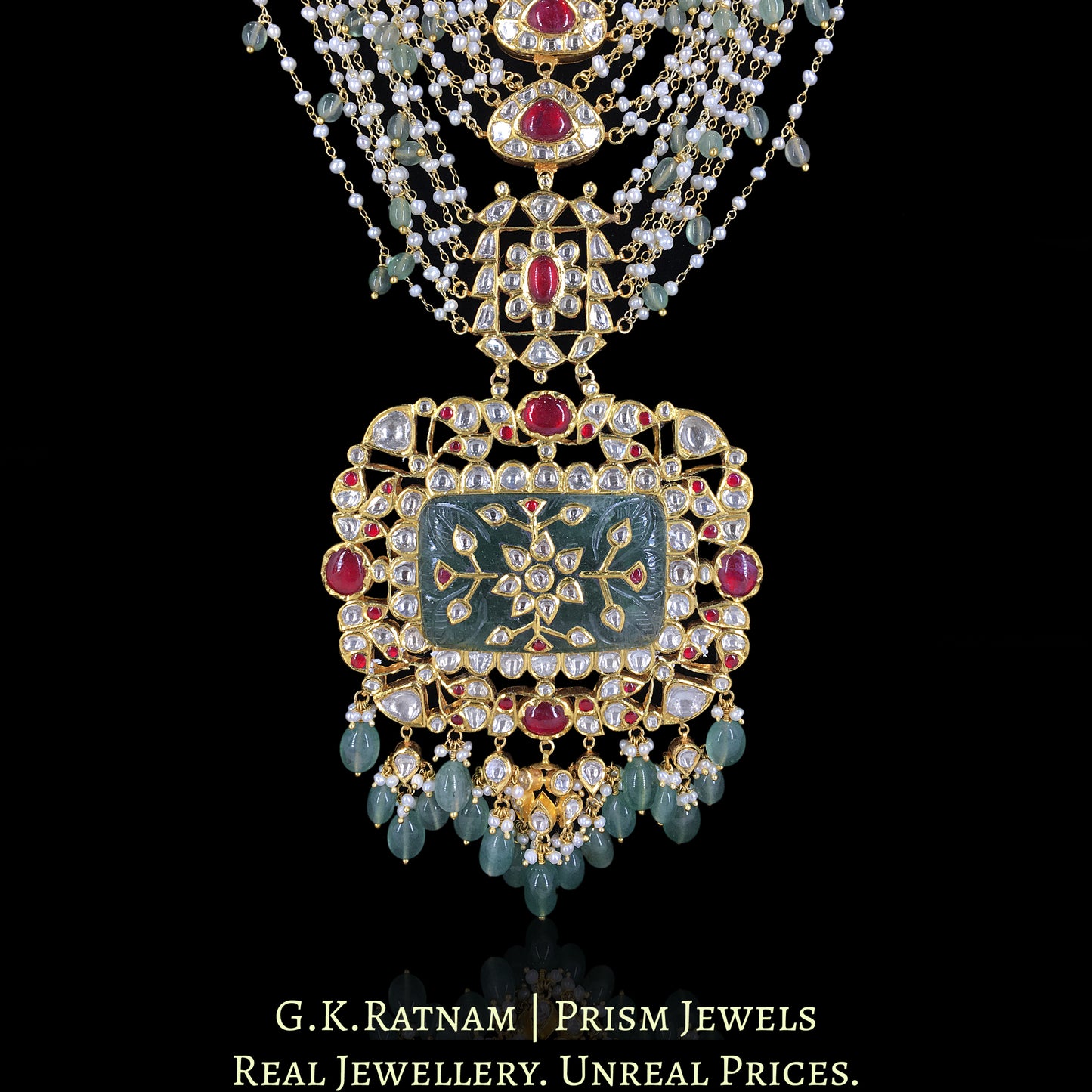 18k Gold and Diamond Polki carved-stone-center Pendant with Natural Freshwater Pearl Chains