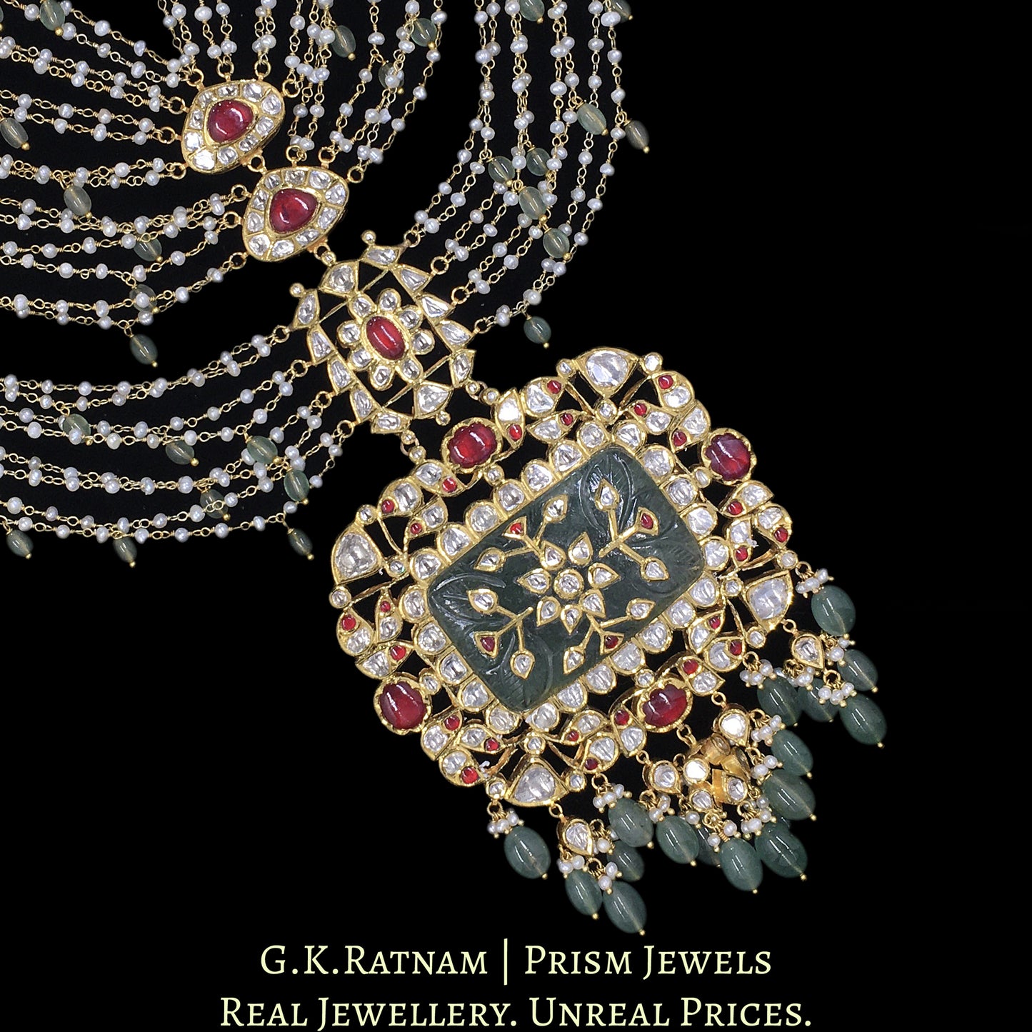 18k Gold and Diamond Polki carved-stone-center Pendant with Natural Freshwater Pearl Chains