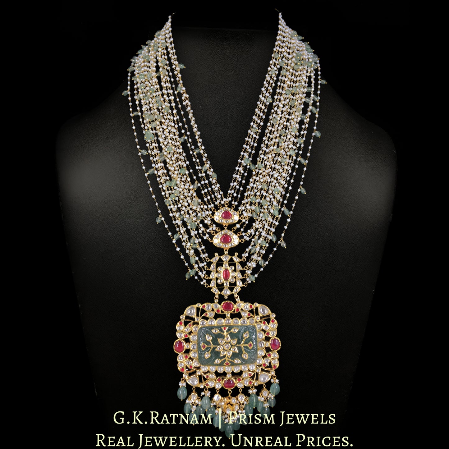 18k Gold and Diamond Polki carved-stone-center Pendant with Natural Freshwater Pearl Chains