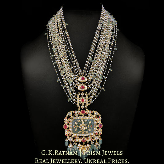 18k Gold and Diamond Polki carved-stone-center Pendant with Natural Freshwater Pearl Chains