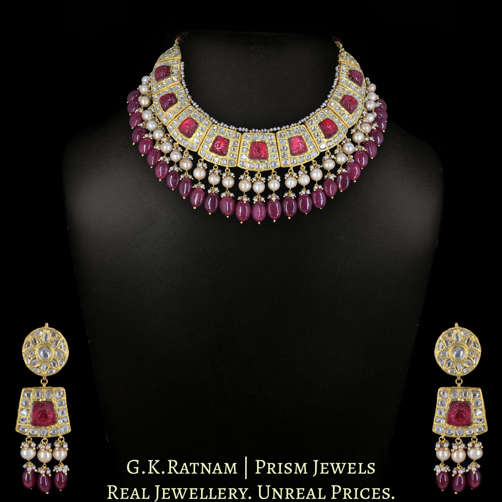 23k Gold and Diamond Polki Necklace Set with Rubies