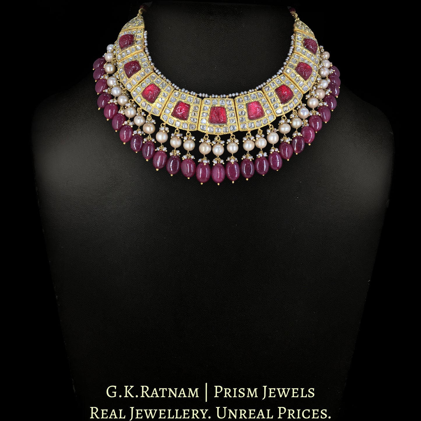 23k Gold and Diamond Polki Necklace Set with Rubies