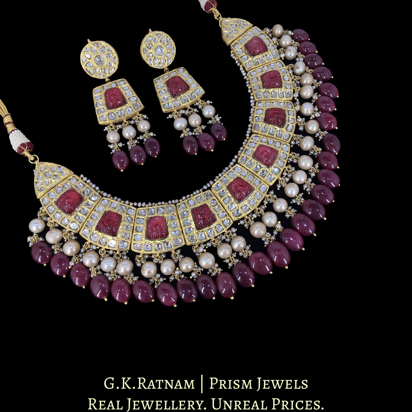 23k Gold and Diamond Polki Necklace Set with Rubies