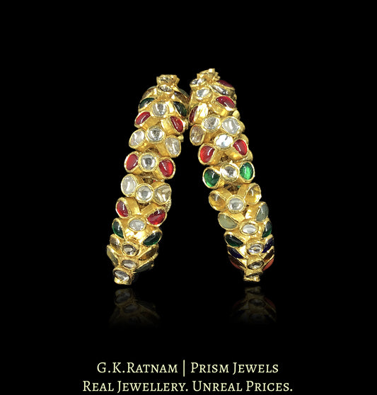 18k Gold and Diamond Polki Navratna Flexible Bracelet Pair (Paunchi / Ponchi)