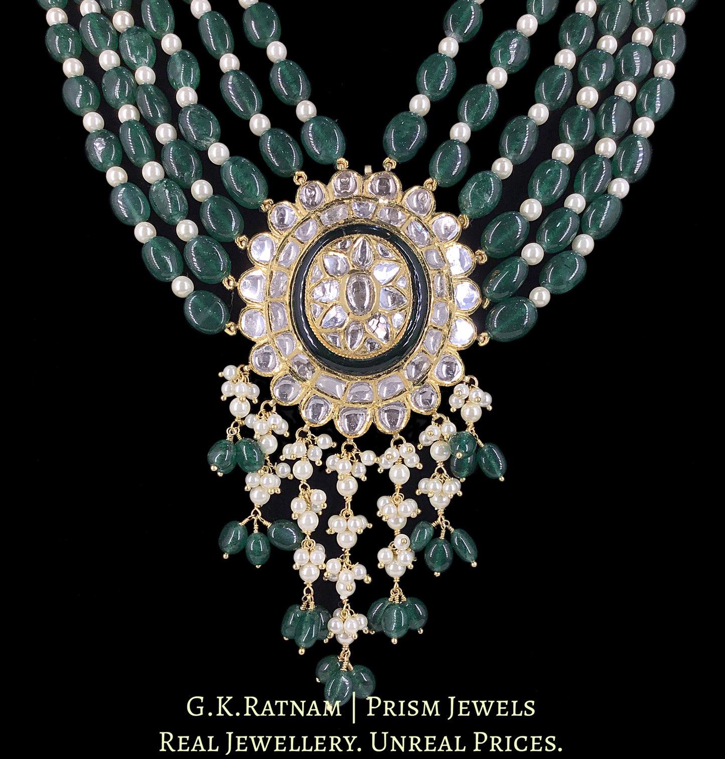 18k Gold and Diamond Polki Pendant with Strawberry Quartz and Pearls - G. K. Ratnam