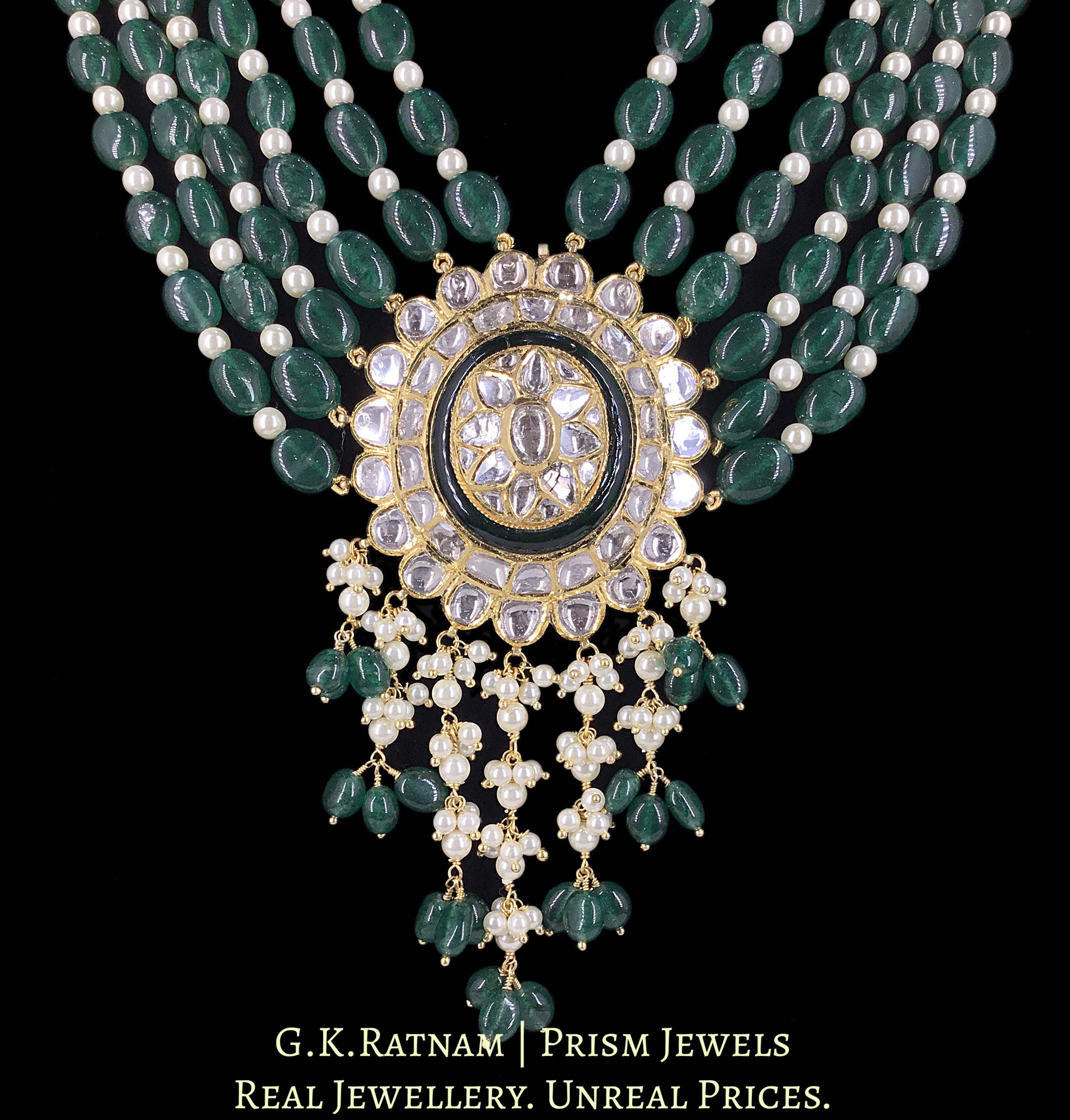 18k Gold and Diamond Polki Pendant with Strawberry Quartz and Pearls - G. K. Ratnam