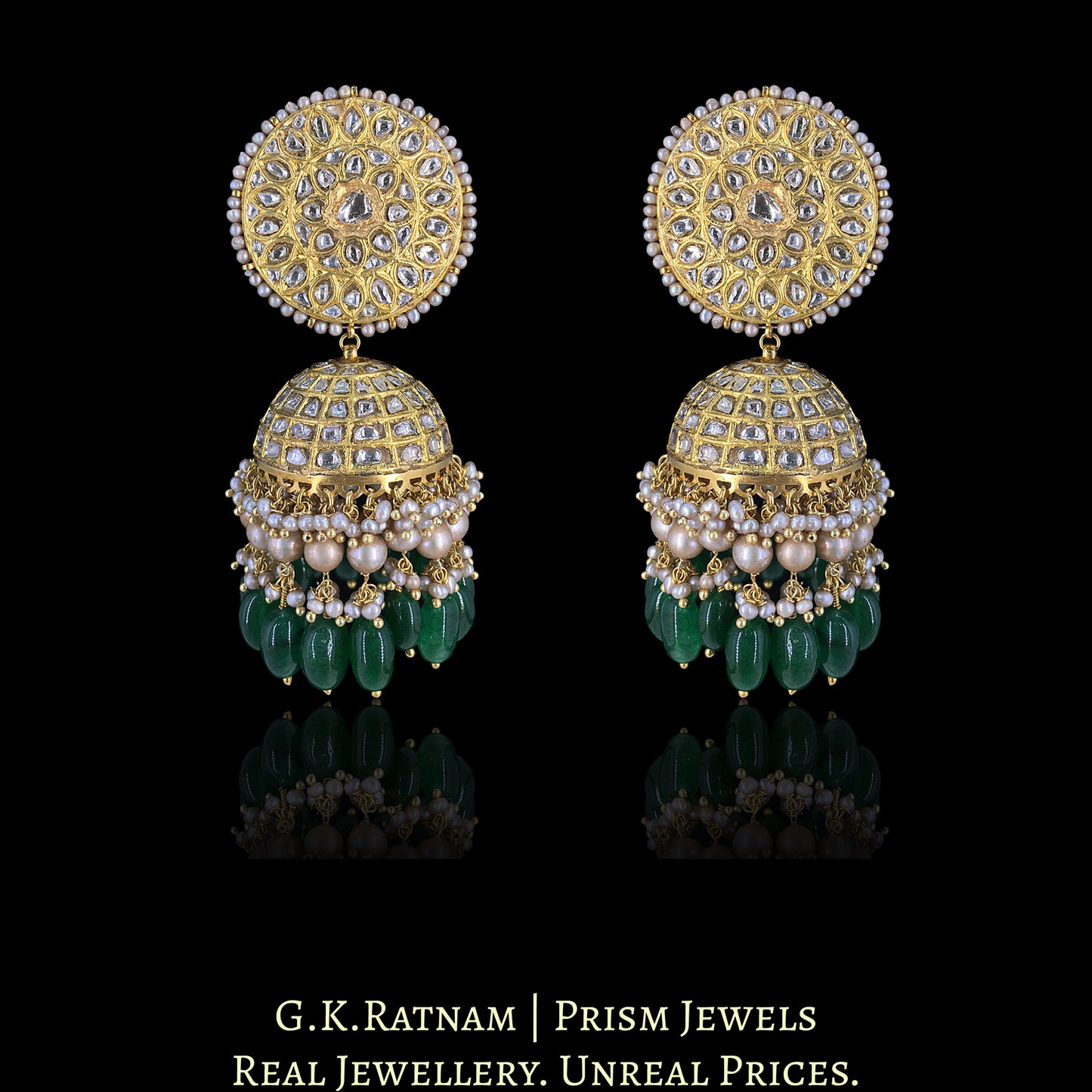 23k Gold and Diamond Polki Pendant Set with Patrihaar / Ranihaar in Antiqued Freshwater Pearls