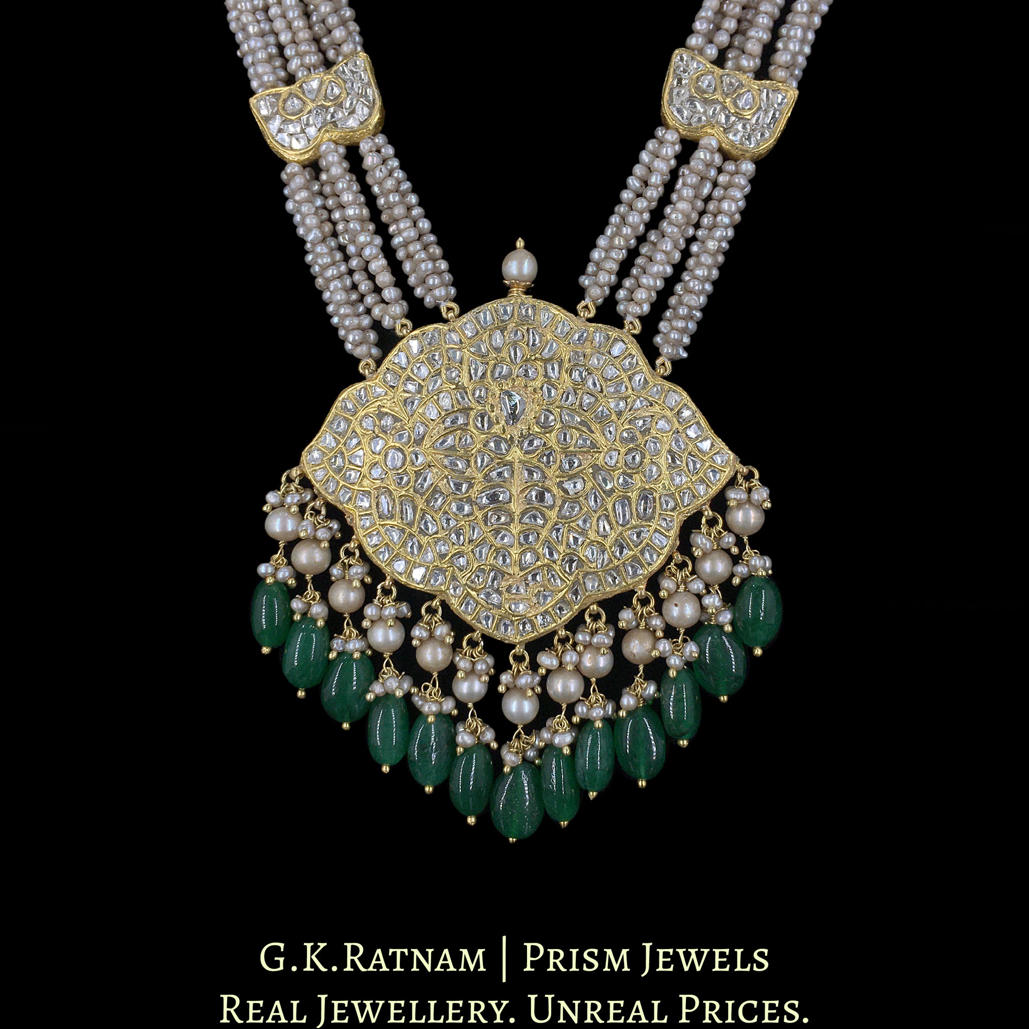 23k Gold and Diamond Polki Pendant Set with Patrihaar / Ranihaar in Antiqued Freshwater Pearls