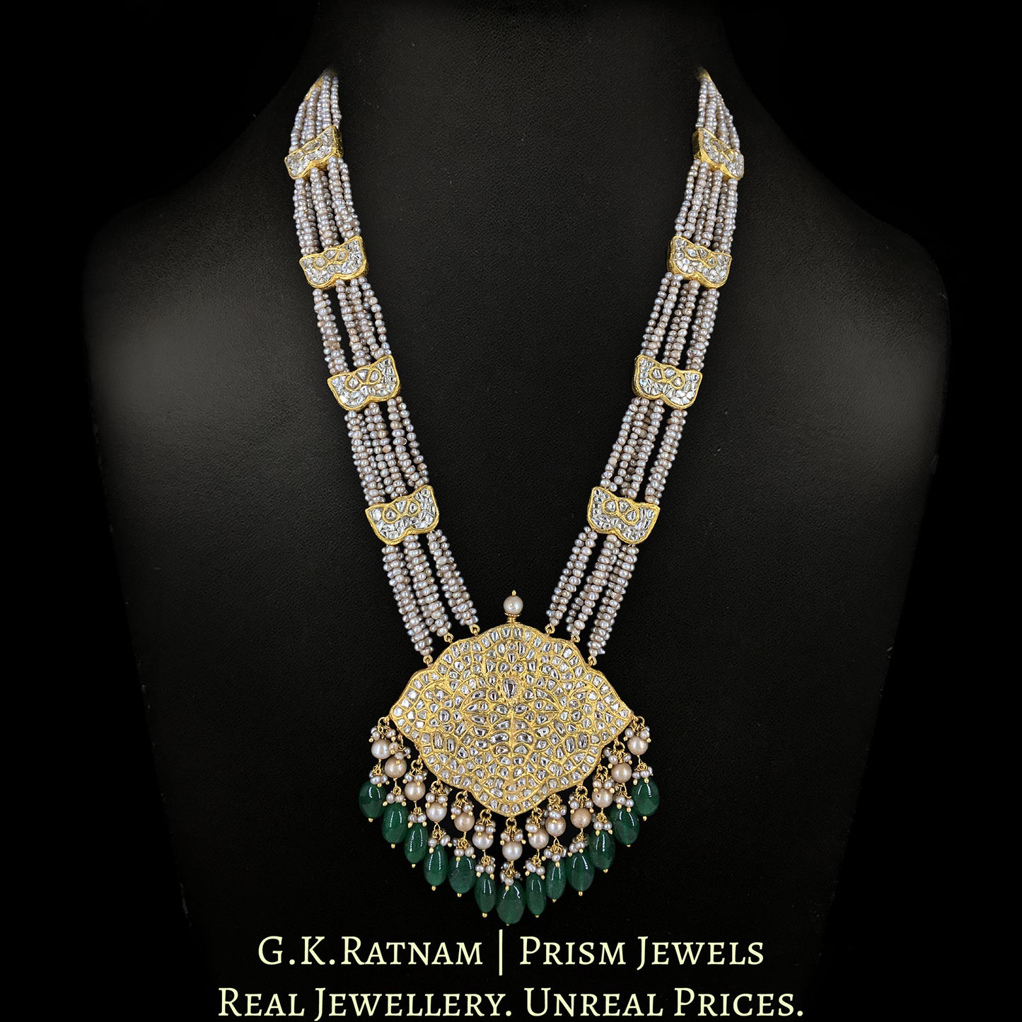 23k Gold and Diamond Polki Pendant Set with Patrihaar / Ranihaar in Antiqued Freshwater Pearls