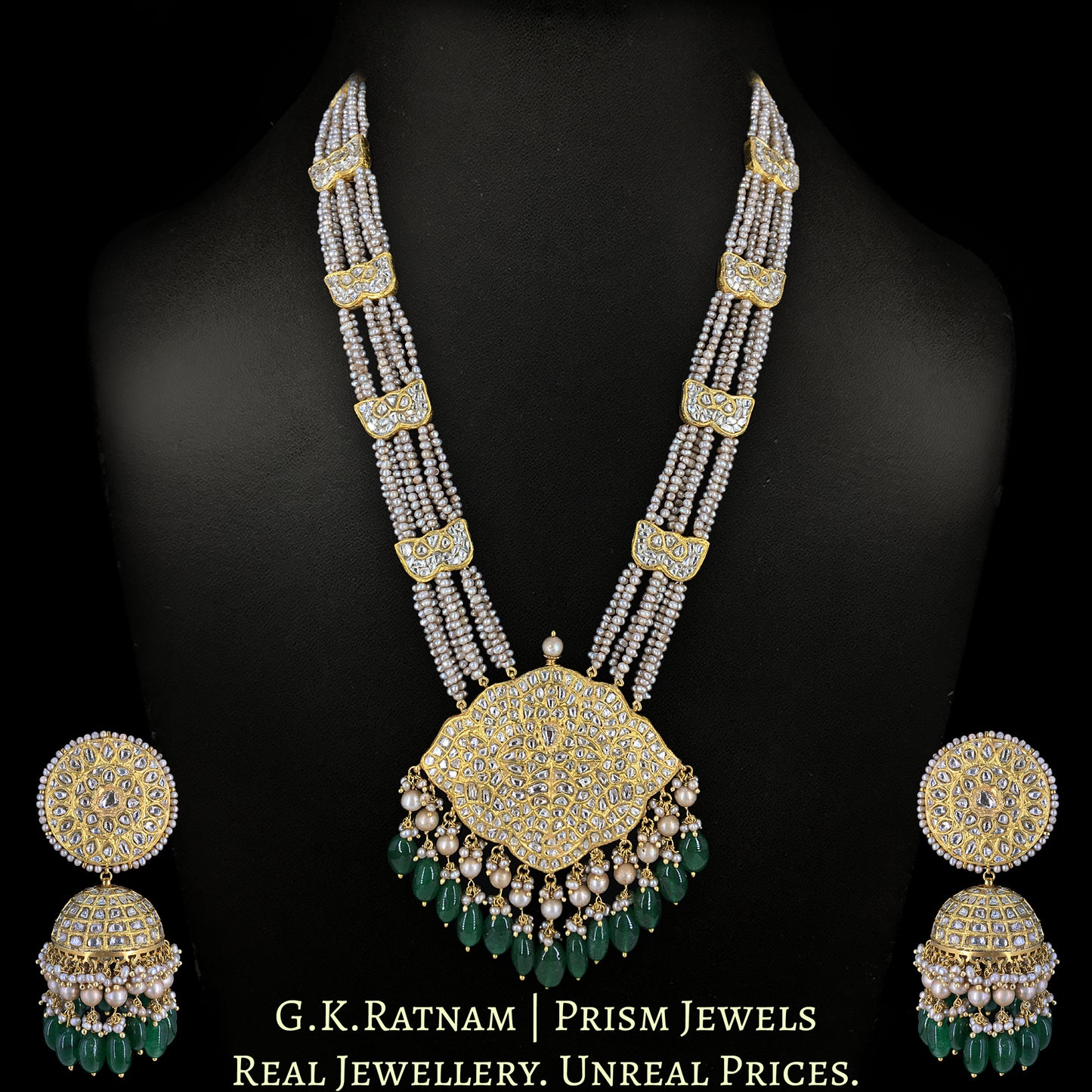 23k Gold and Diamond Polki Pendant Set with Patrihaar / Ranihaar in Antiqued Freshwater Pearls