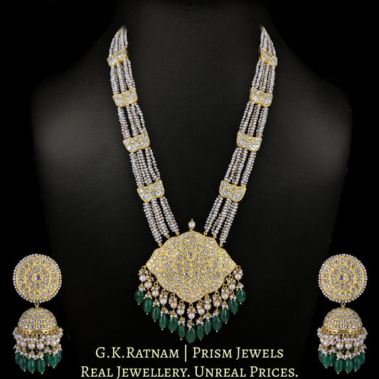23k Gold and Diamond Polki Pendant Set with Patrihaar / Ranihaar in Antiqued Freshwater Pearls