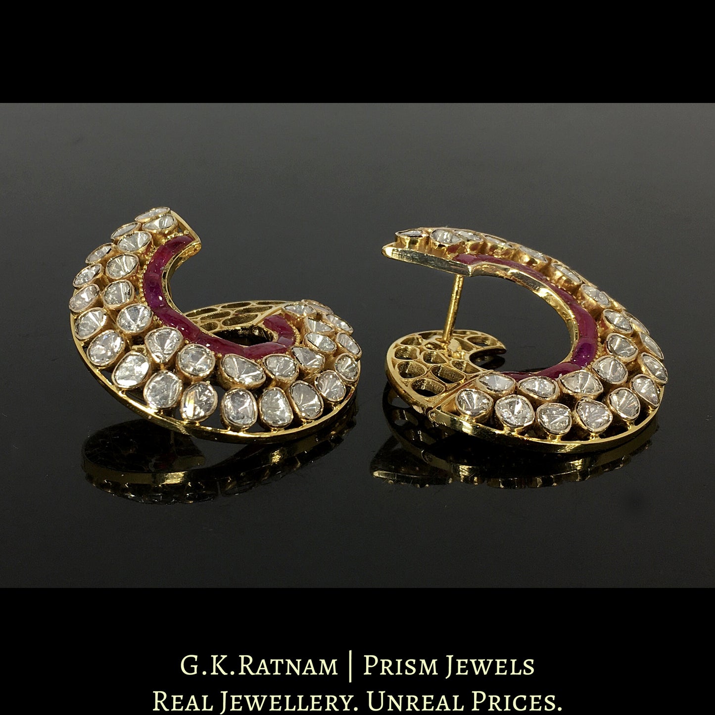 18k Gold and Diamond Polki Open Setting Spiral Karnfool Earring Pair