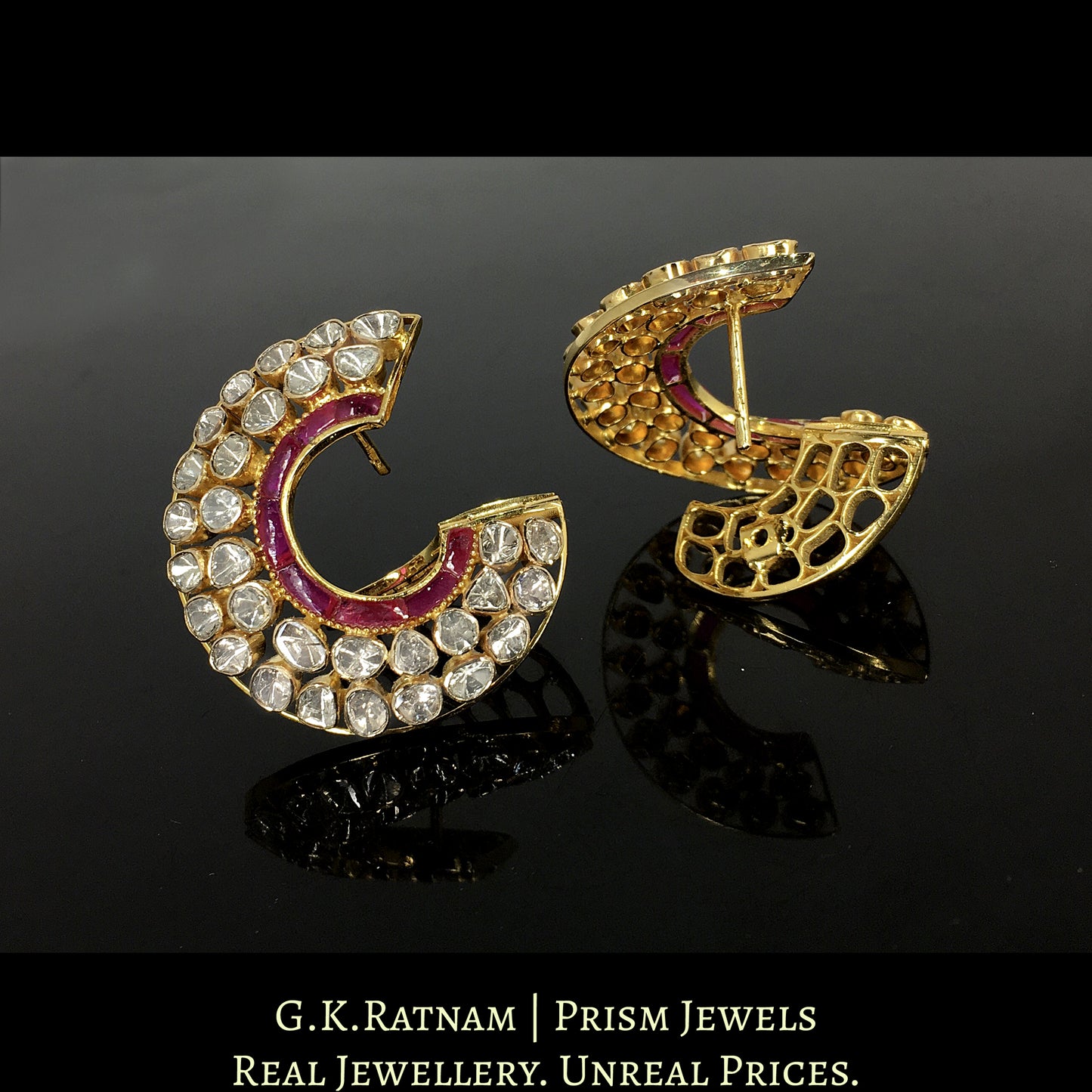 18k Gold and Diamond Polki Open Setting Spiral Karnfool Earring Pair
