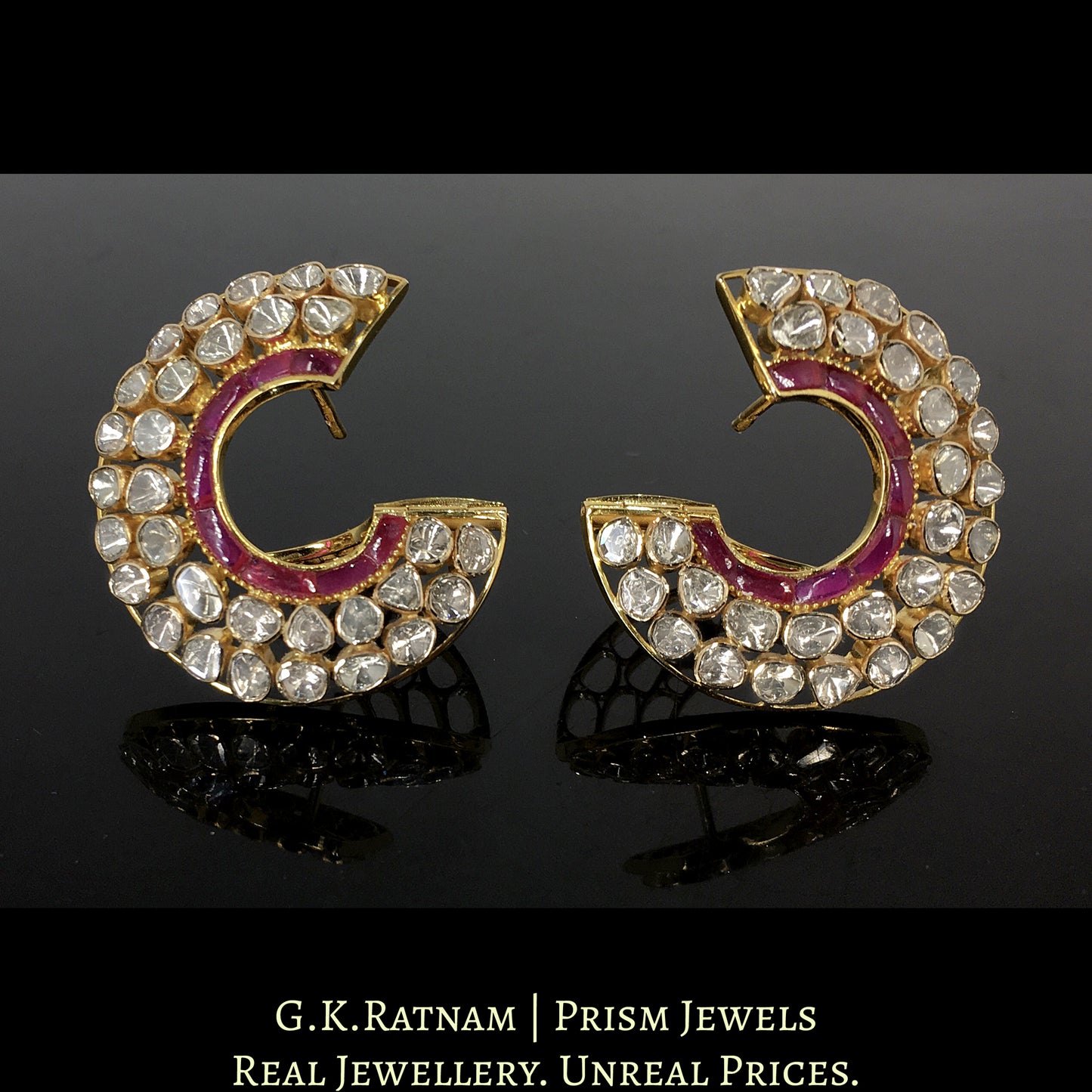 18k Gold and Diamond Polki Open Setting Spiral Karnfool Earring Pair