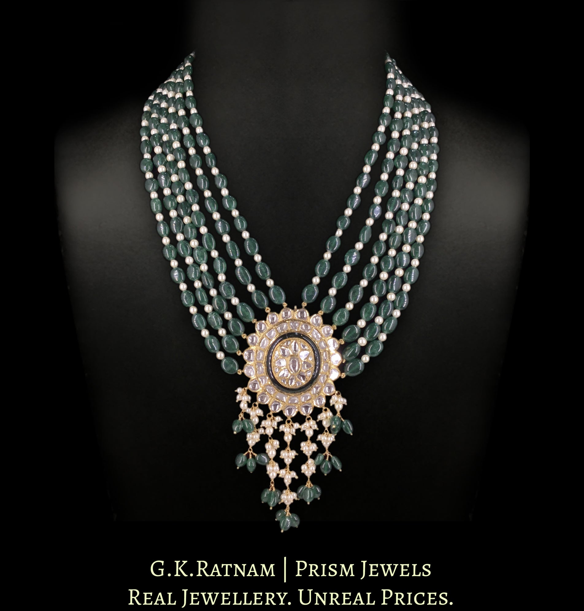 18k Gold and Diamond Polki Pendant with Strawberry Quartz and Pearls - G. K. Ratnam