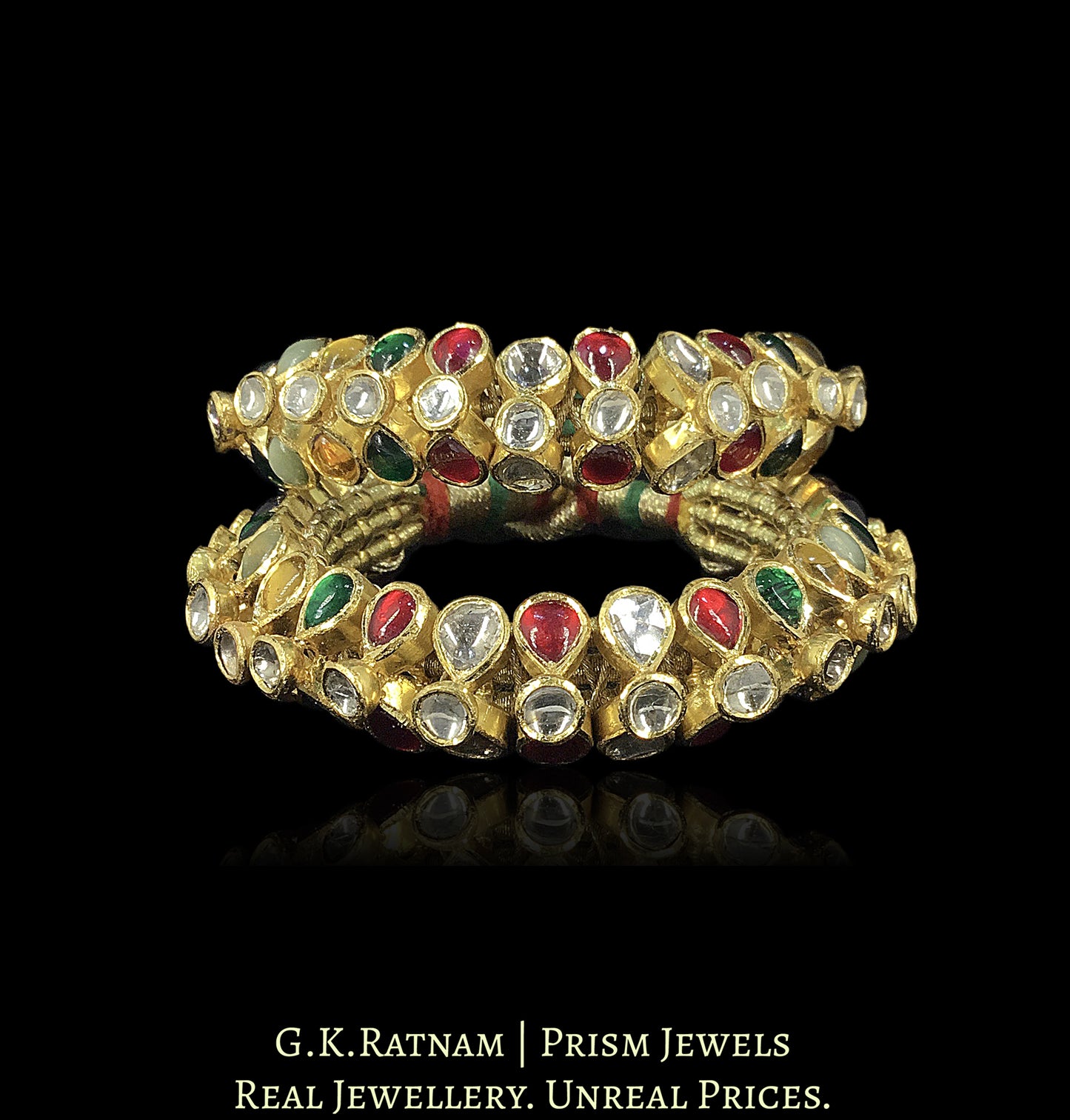 18k Gold and Diamond Polki Navratna Flexible Bracelet Pair (Paunchi / Ponchi)