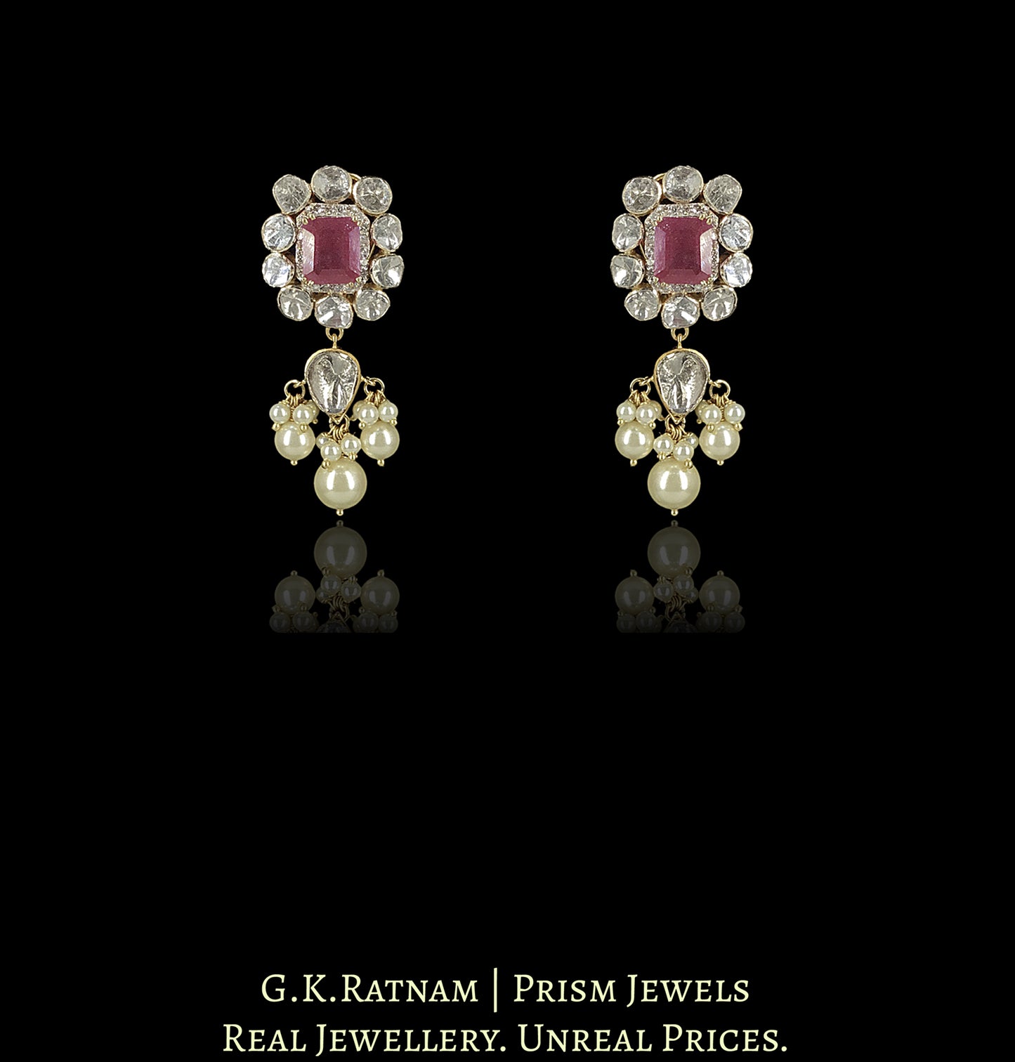 14k Gold And Diamond Polki Open Setting Choker Necklace Set with faceted Rubies - G. K. Ratnam
