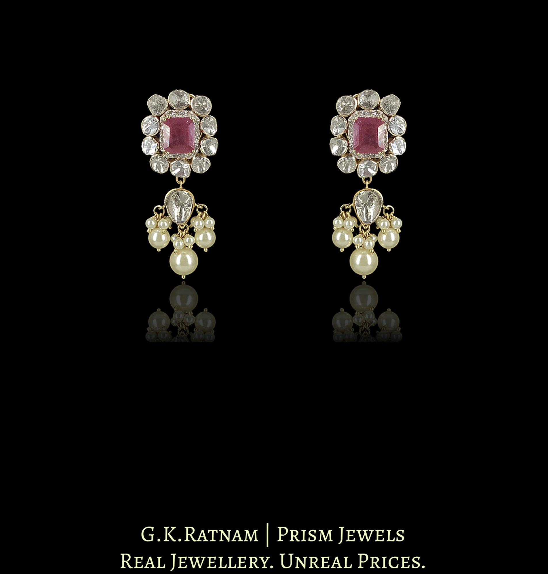 14k Gold And Diamond Polki Open Setting Choker Necklace Set with faceted Rubies - G. K. Ratnam