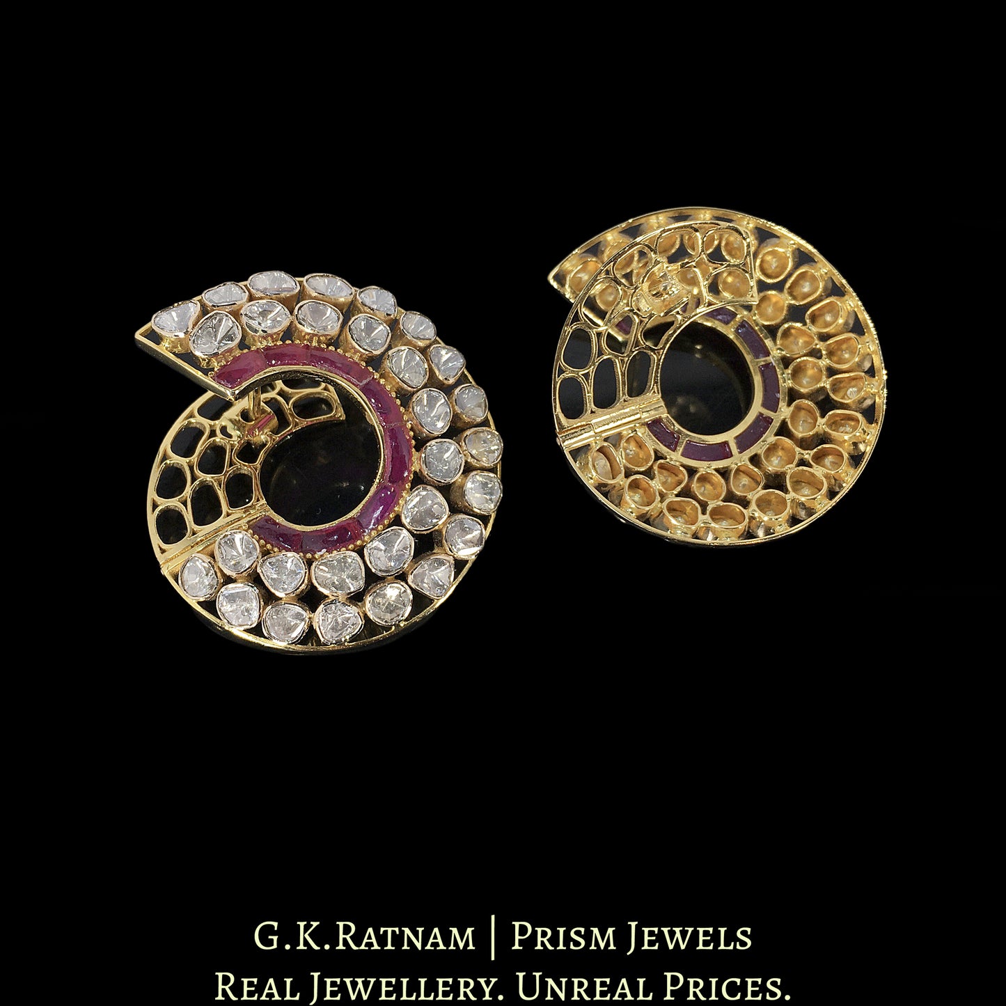 18k Gold and Diamond Polki Open Setting Spiral Karnfool Earring Pair