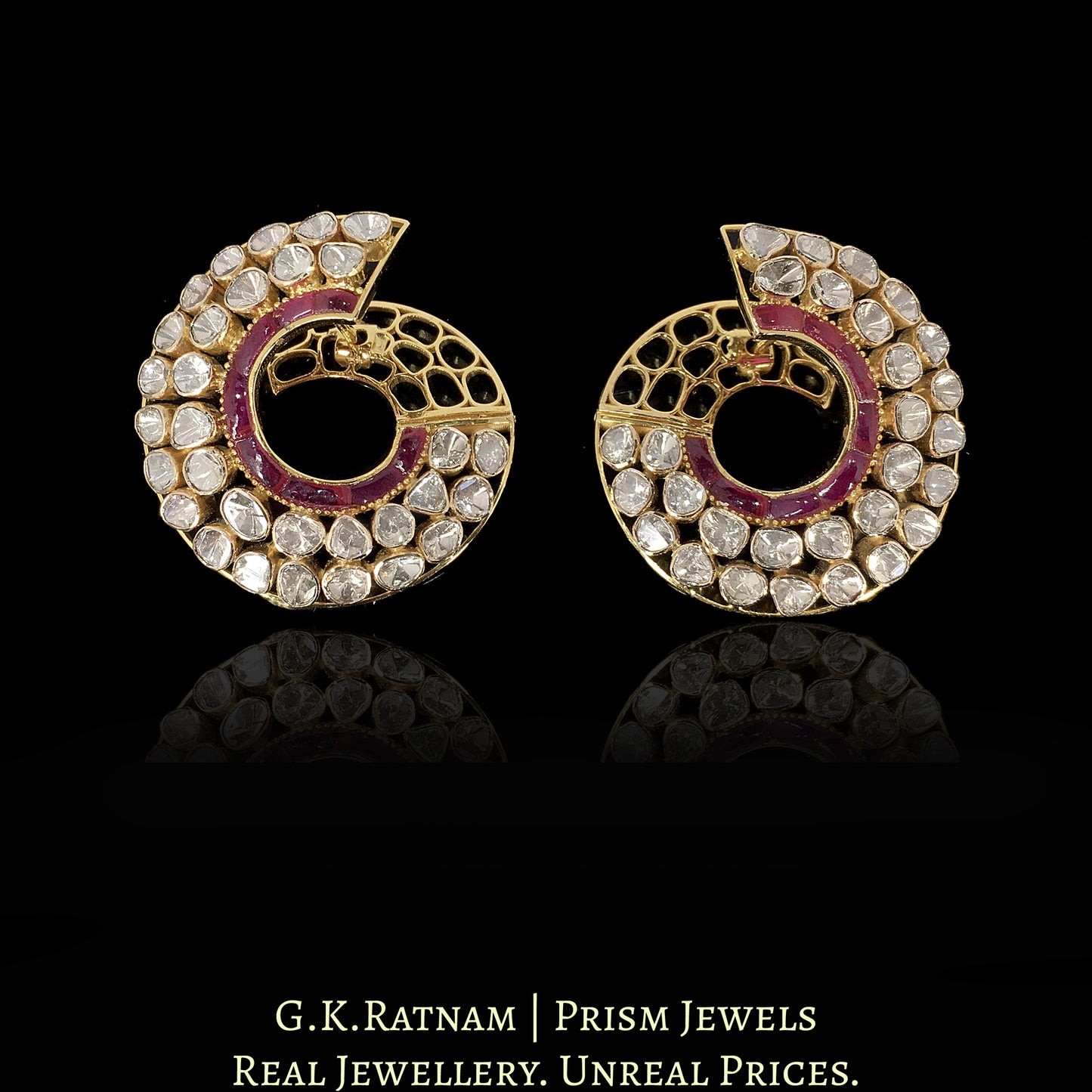 18k Gold and Diamond Polki Open Setting Spiral Karnfool Earring Pair