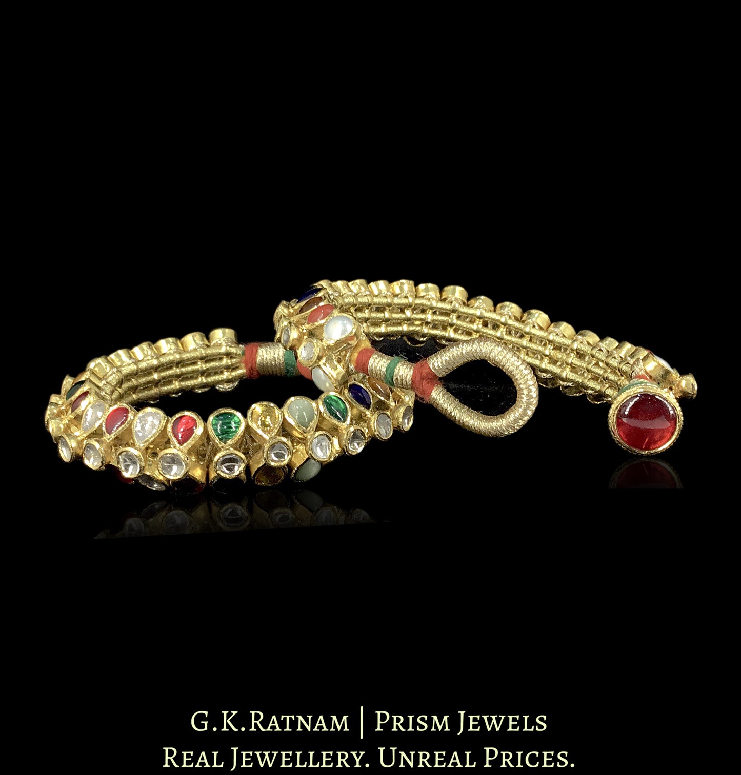 18k Gold and Diamond Polki Navratna Flexible Bracelet Pair (Paunchi / Ponchi)
